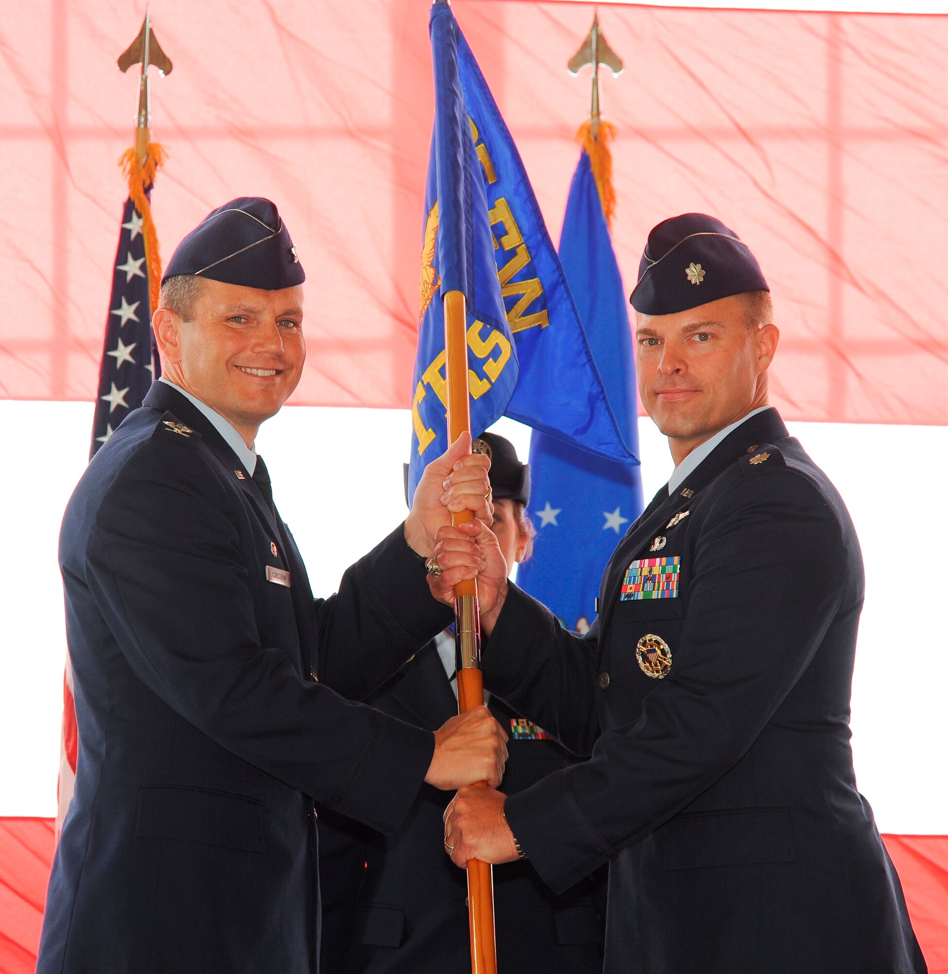 Lieutenant Col. Jason Costello assumed command of the 325th Training Support Squadron from Lt. Col. Douglas Kugler, May 4, during a change of command ceremony. Prior to the change of command, Colonel Costello was the 325th Fighter Wing Chief of Safety. Colonel Kugler is now the 325th Operations Group Action Officer. (U.S. Air Force photo by Lisa Norman)
