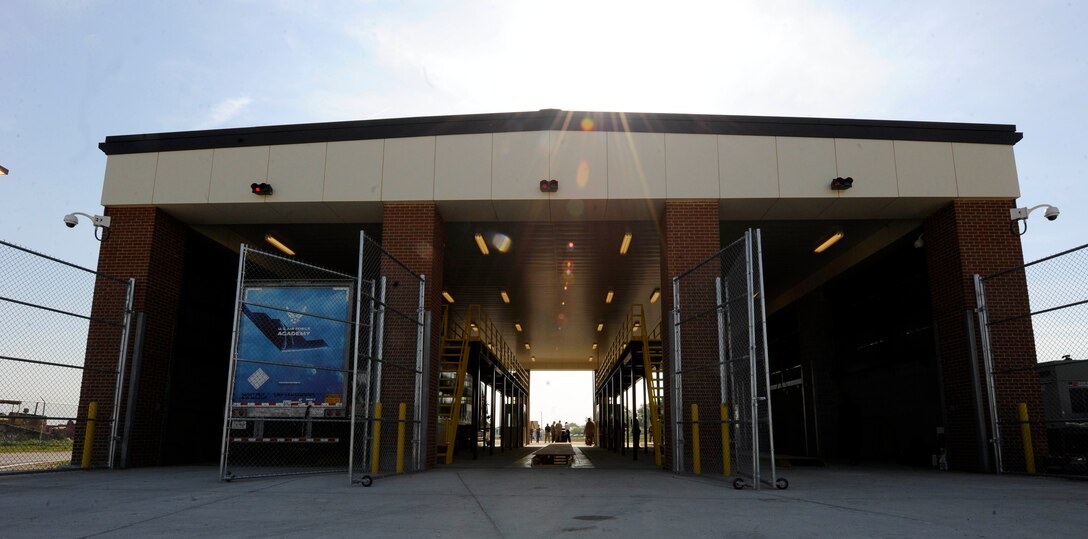 The new Large Vehicle Inspection Station stands open after the ribbon cutting ceremony at Langley Air Force Base, Va., May 4, 2012. The LVIS provides one dedicated entry-control point for all contactor vehicles to process onto the base. (U.S. Air Force photo by Staff Sgt. Dana Hill/Released)