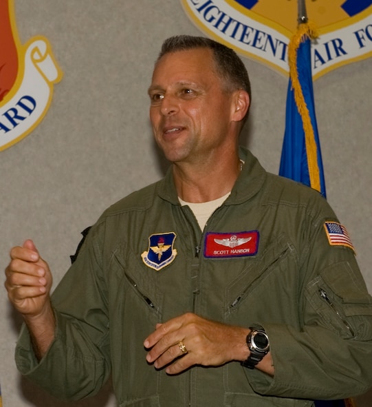 U.S. Air Force Maj. Gen. Scott Hanson, Carl A. Spaatz Center of Officer Education commander, addresses the 317th Airlift Group and reflects on his experiences of the C-130J Super Hercules after delivering Dyess’ 19th addition to its C-130 fleet May 3, 2012, at Dyess Air Force Base, Texas. This is Dyess’ 19th of 28 C-130J Super Hercules to be delivered, replacing the current legacy fleet. (U.S. Air Force Photo by Airman 1st Class Peter Thompson/ Released)