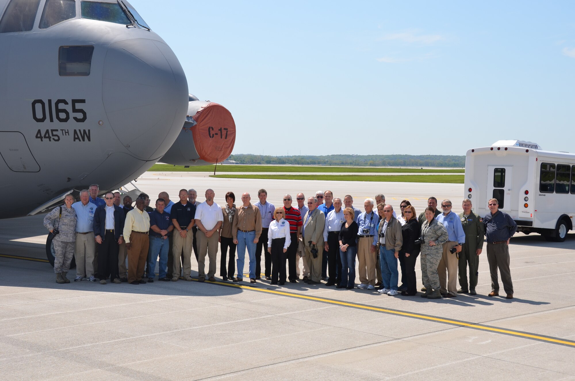WRIGHT-PATTERSON AIR FORCE BASE, Ohio - More than 30 North Carolina employers enjoy a tour of a 445th Airlift Wing C-17 Globemaster III during their visit to the wing April 19 and 20. The 916th Air Refueling Wing, in conjunction with the North Carolina Employer Support of the Guard and Reserve, sponsored this civic leader tour. (U.S. Air Force photo/Stacy Vaughn)
