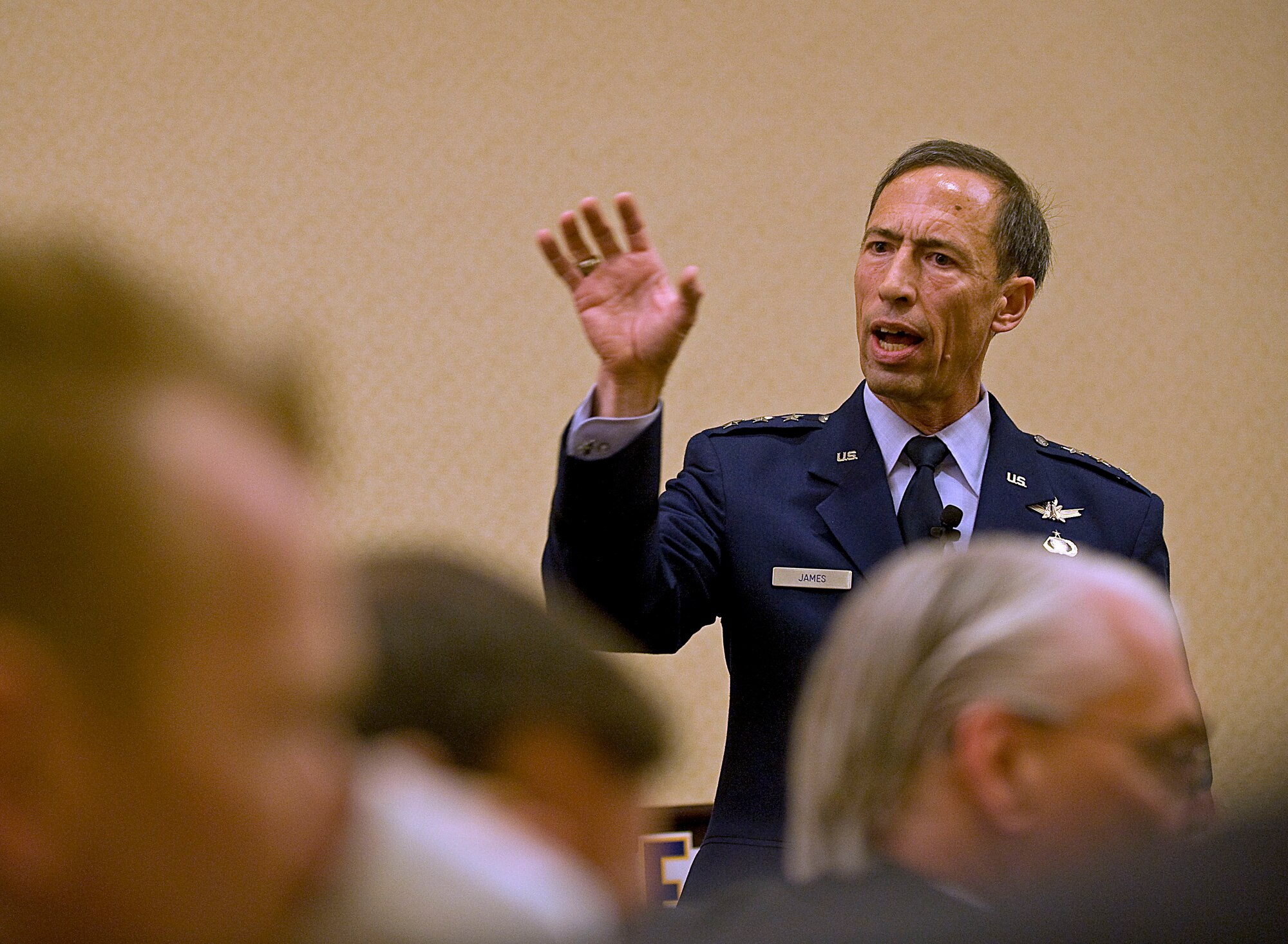 Lt. Gen. Larry D. James speaks April 26, 2012, during the Air Force Association breakfast at the Crystal City Marriott, Va. The AFA breakfast program is a monthly series that provides a venue for senior Air Force and DOD leaders to communicate directly with the public and the press. James is the deputy chief of staff for ISR at Headquarters Air Force. (U.S. Air Force photo/Staff Sgt. Tiffany Trojca) 