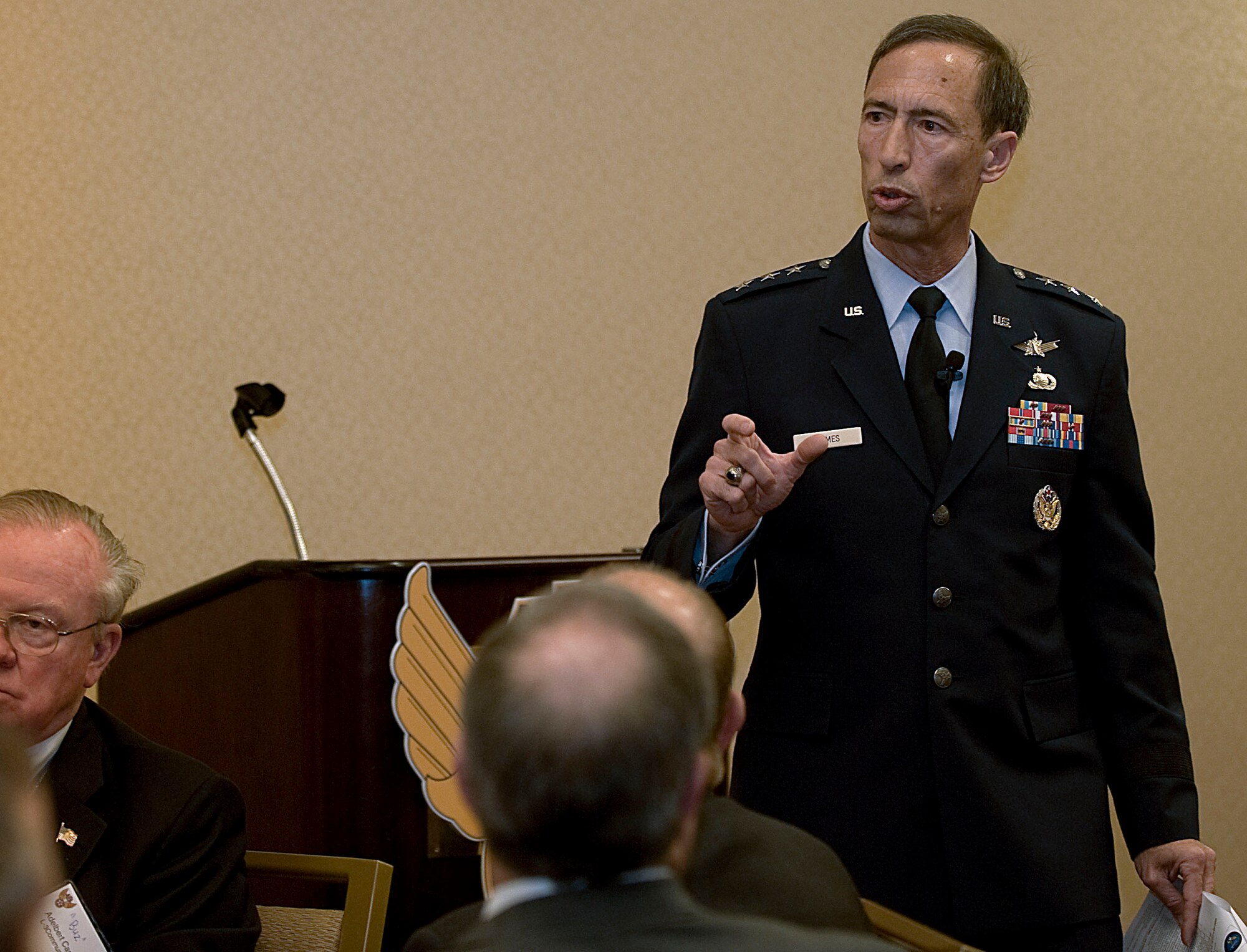 Lt. Gen. Larry D. James spoke about how intelligence, surveillance and reconnaissance is done today and where it’s headed in the future April 26, 2012, during the Air Force Association breakfast at the Crystal City Marriott, Va. More than 20,000 Airmen work in ISR missions on a daily basis. Of that number, more than 1,000 are deployed across all combatant command areas executing joint-service missions. James is the deputy chief of staff for ISR at Headquarters Air Force. (U.S. Air Force photo/Staff Sgt. Tiffany Trojca) 