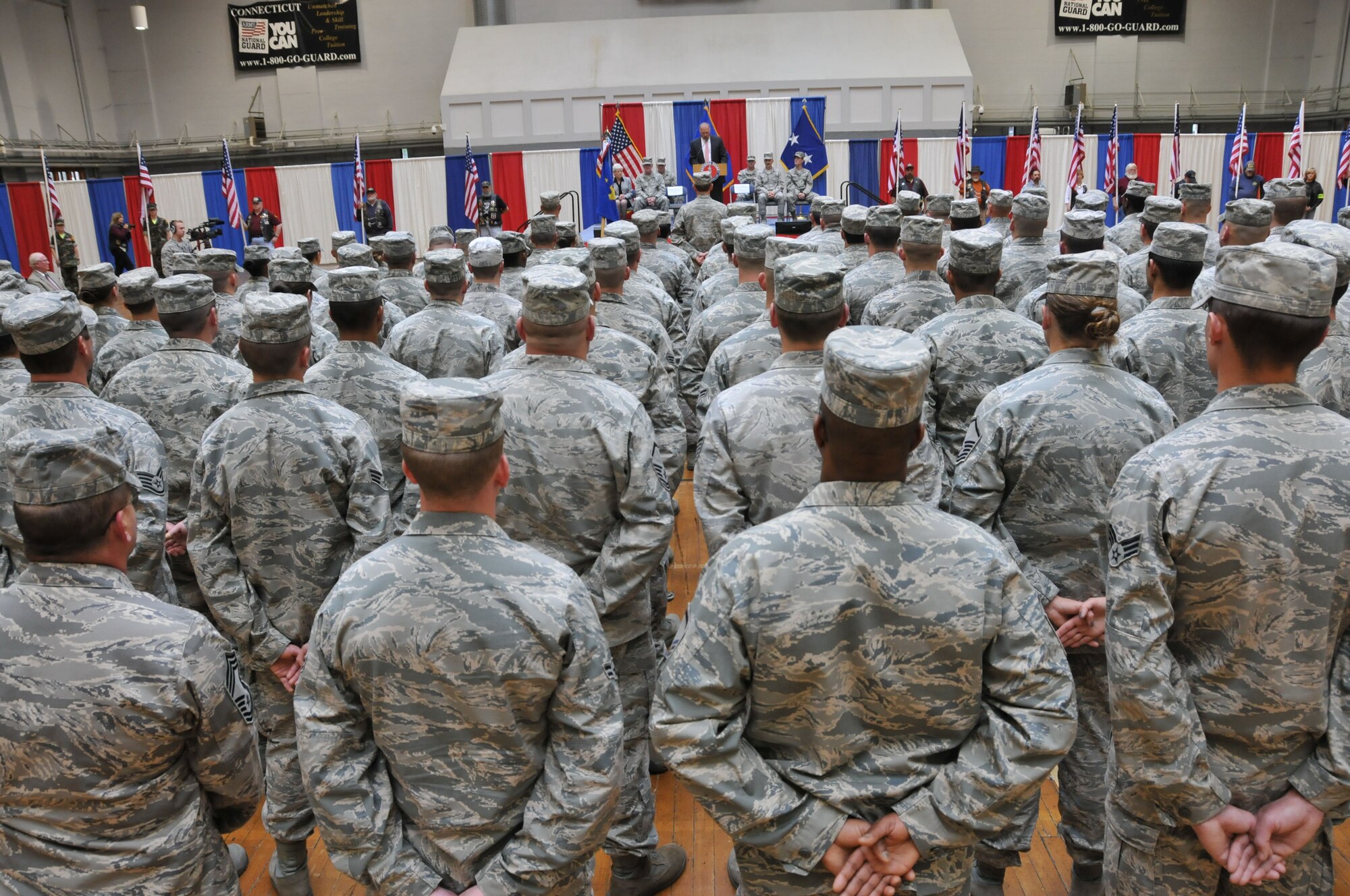 Airmen with the 103rd Air Control Squadron based in Orange, Conn., stand in formation during a formal send-off ceremony held at the William A. O’Neill Armory in Hartford April 25, 2012. The Air National Guard unit has been mobilized and will deploy to Southwest Asia in support of Operation Enduring Freedom. (U.S. Air Force photo by Tech. Sgt. Erin McNamara\RELEASED)