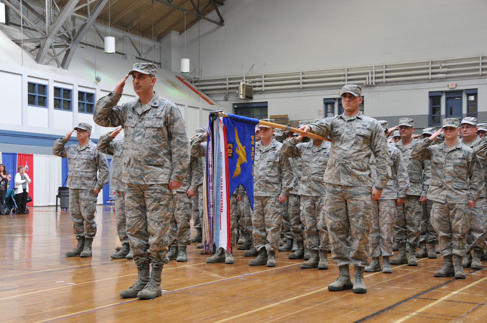 Airmen with the 103rd Air Control Squadron based in Orange, Conn., stand in formation during a formal send-off ceremony held at the William A. O’Neill Armory in Hartford April 25, 2012. The Air National Guard unit has been mobilized and will deploy to Southwest Asia in support of Operation Enduring Freedom. (U.S. Air Force photo by Tech. Sgt. Erin McNamara\RELEASED)