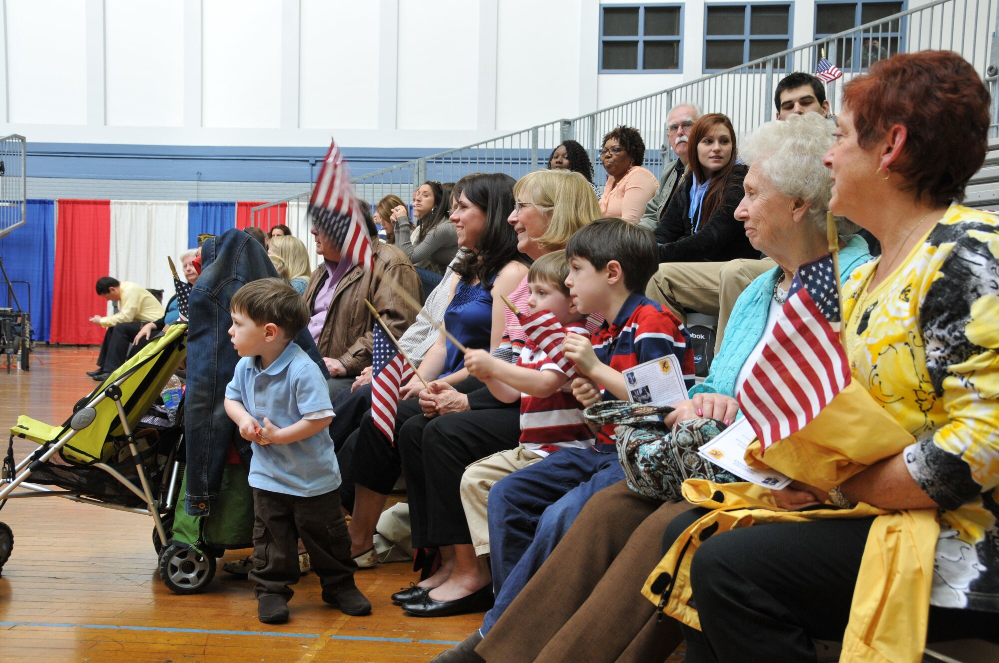 Family members and friends look on as members of the 103rd Air Control Squadron are recognized during a formal send-off ceremony held at the William A. O’Neill Armory in Hartford April 25, 2012. The Connecticut Air National Guard unit has been mobilized and will deploy to Southwest Asia in support of Operation Enduring Freedom. (U.S. Air Force photo by Tech. Sgt. Erin McNamara\RELEASED)