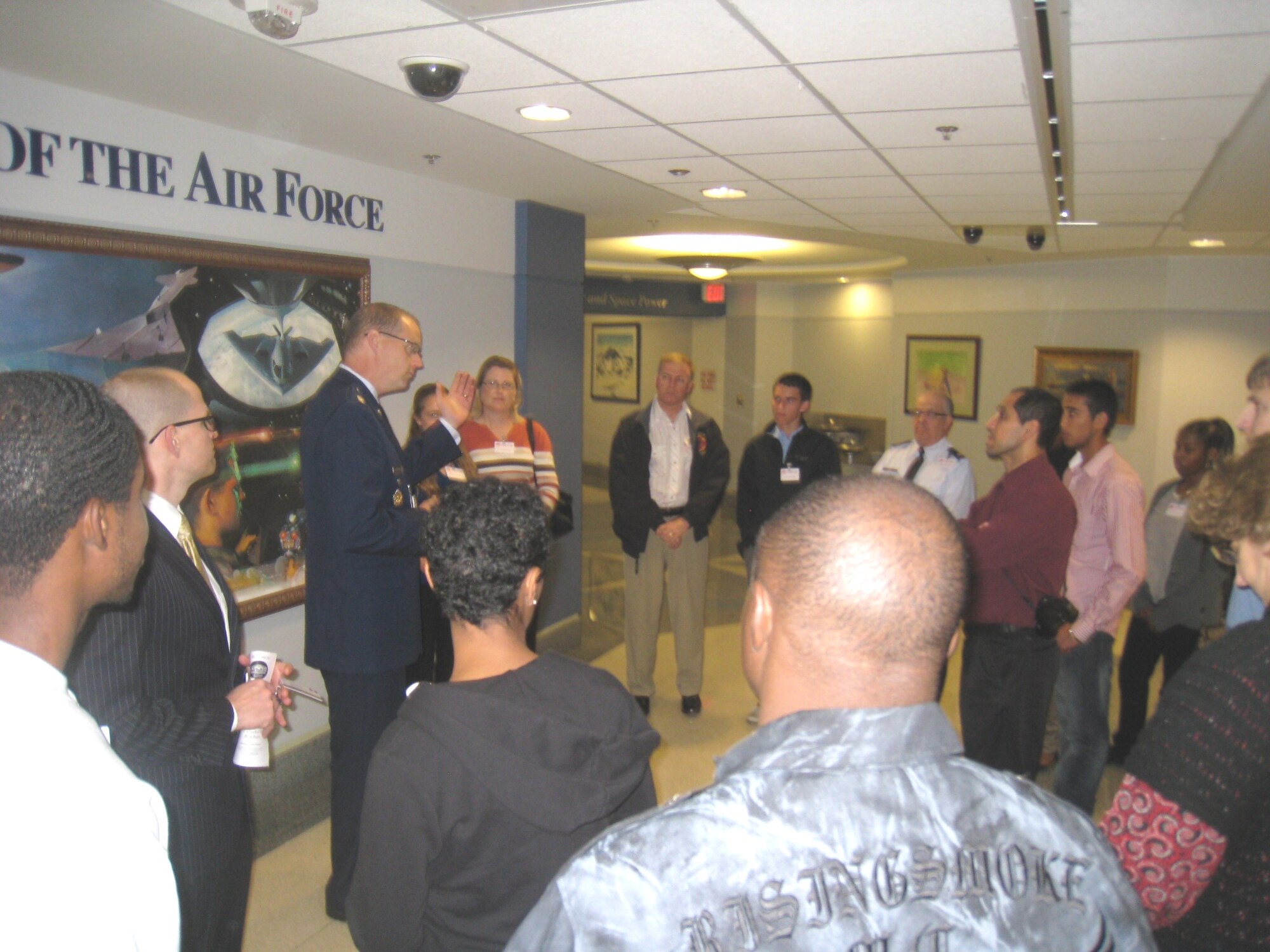 Lt. Col. Steven Whitney, member of the Joint Staff J8, provides a brief overview of the history of air power for the STEM 2020 Winners at the Pentagon April 20. Members of the 317th Recruiting Squadron, located at Oxon Hill, Md., are launching a year-long campaign to energize Virginia, Maryland and Washington D.C. schools supporting careers in science, technology, engineering and math, or STEM.  (Courtesy photo)