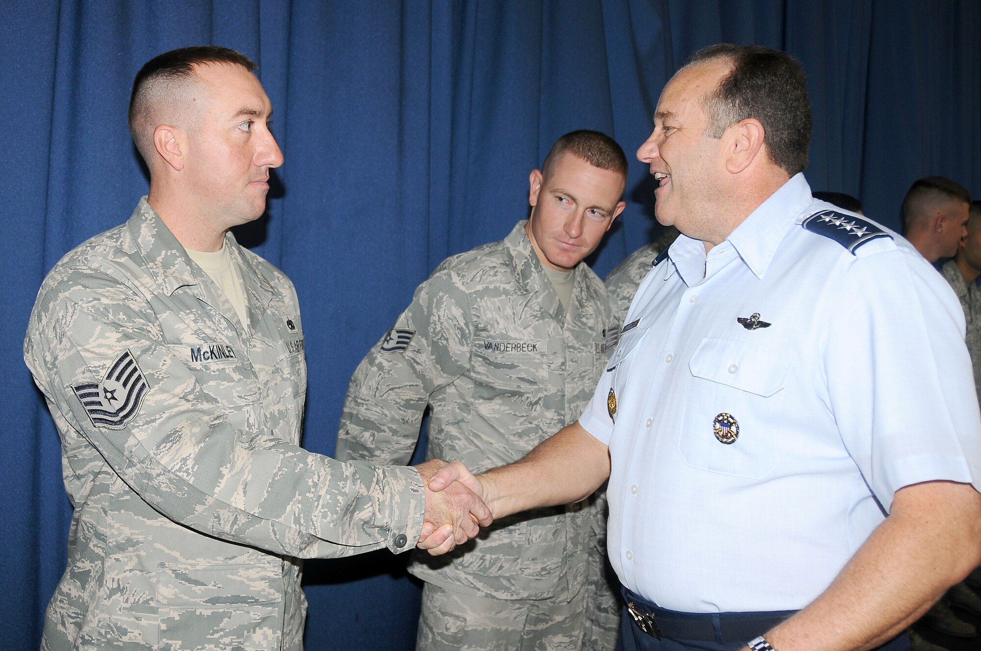 Vice Chief of Staff of the U.S. Air Force Gen. Philip M. Breedlove visited U.S. Air Force Honor Guard Drill Team members, May 3, at Joint Base Anacostia-Bolling. The drill team out-performed the competition from the U.S. Army, Navy, Marine Corps, Merchant Marines and Coast Guard at the Joint Service Drill Team Exhibition in April 2012 to be named 'best of the best'. (U.S. Navy photos by Paul Bello)