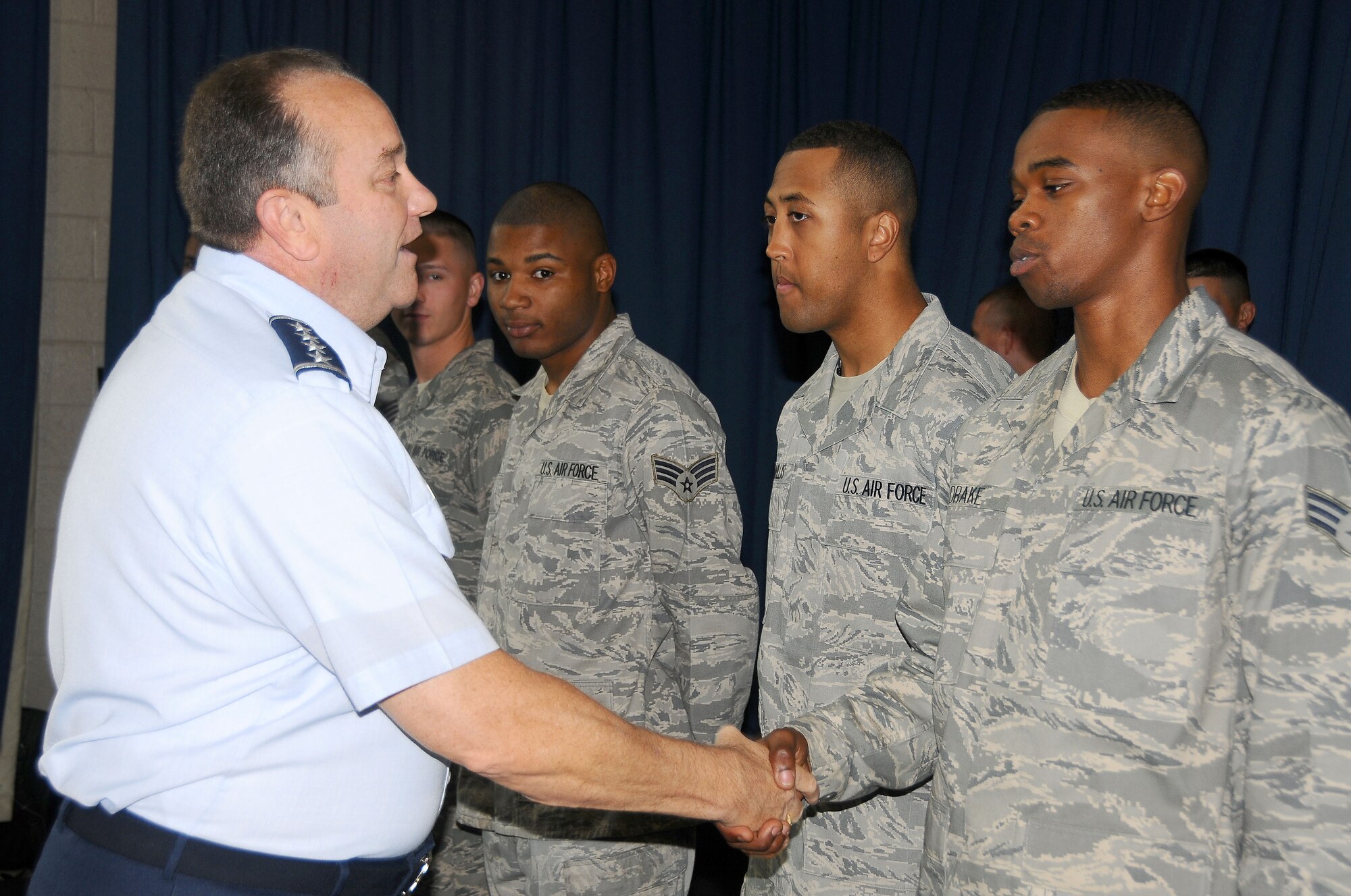 Vice Chief of Staff of the U.S. Air Force Gen. Philip M. Breedlove visited U.S. Air Force Honor Guard Drill Team members, May 3, at Joint Base Anacostia-Bolling. The drill team out-performed the competition from the U.S. Army, Navy, Marine Corps, Merchant Marines and Coast Guard at the Joint Service Drill Team Exhibition in April 2012 to be named 'best of the best'. (U.S. Navy photos by Paul Bello)