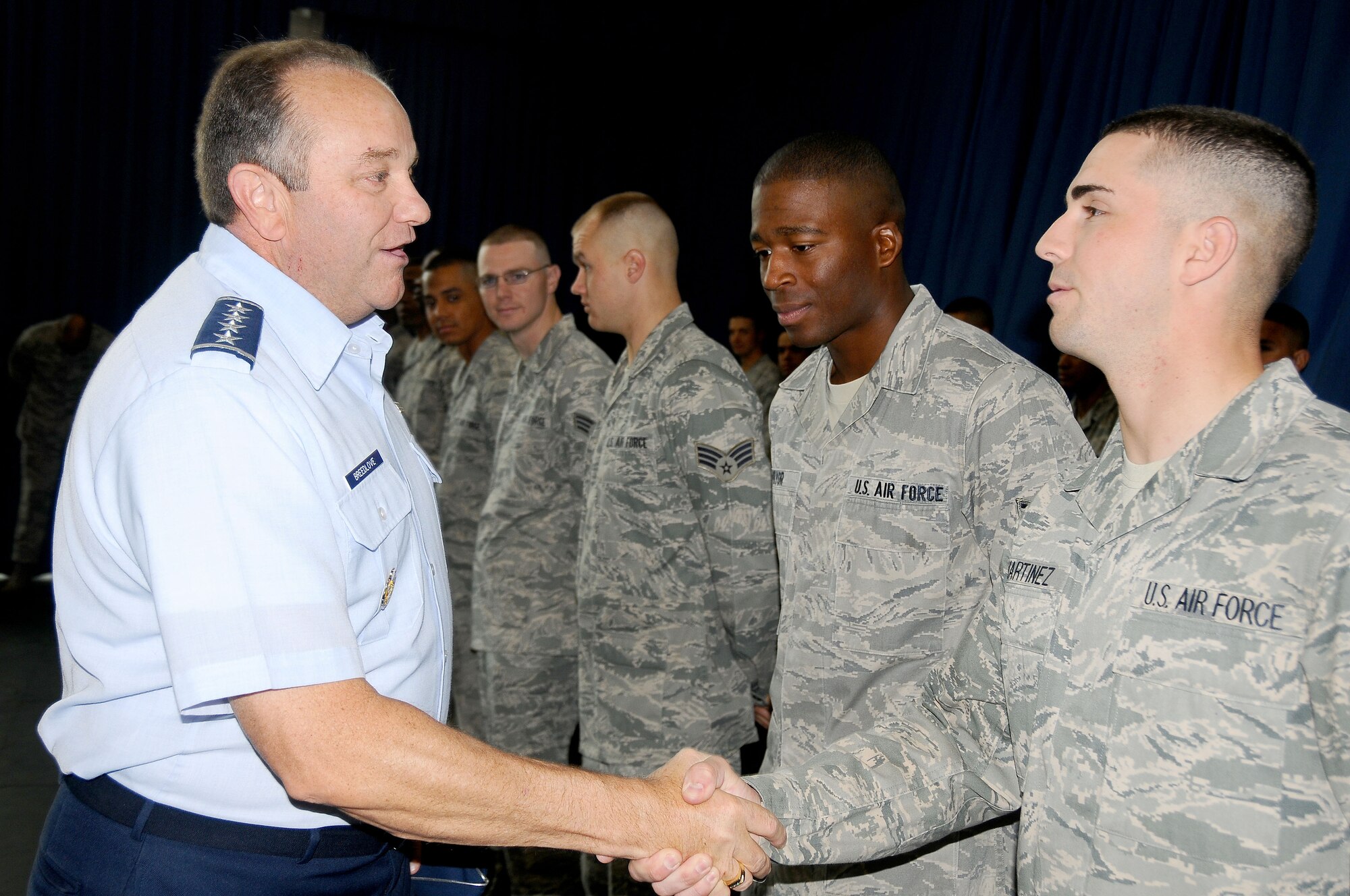 Vice Chief of Staff of the U.S. Air Force Gen. Philip M. Breedlove visited U.S. Air Force Honor Guard Drill Team members, May 3, at Joint Base Anacostia-Bolling. The drill team out-performed the competition from the U.S. Army, Navy, Marine Corps, Merchant Marines and Coast Guard at the Joint Service Drill Team Exhibition in April 2012 to be named 'best of the best'. (U.S. Navy photos by Paul Bello)