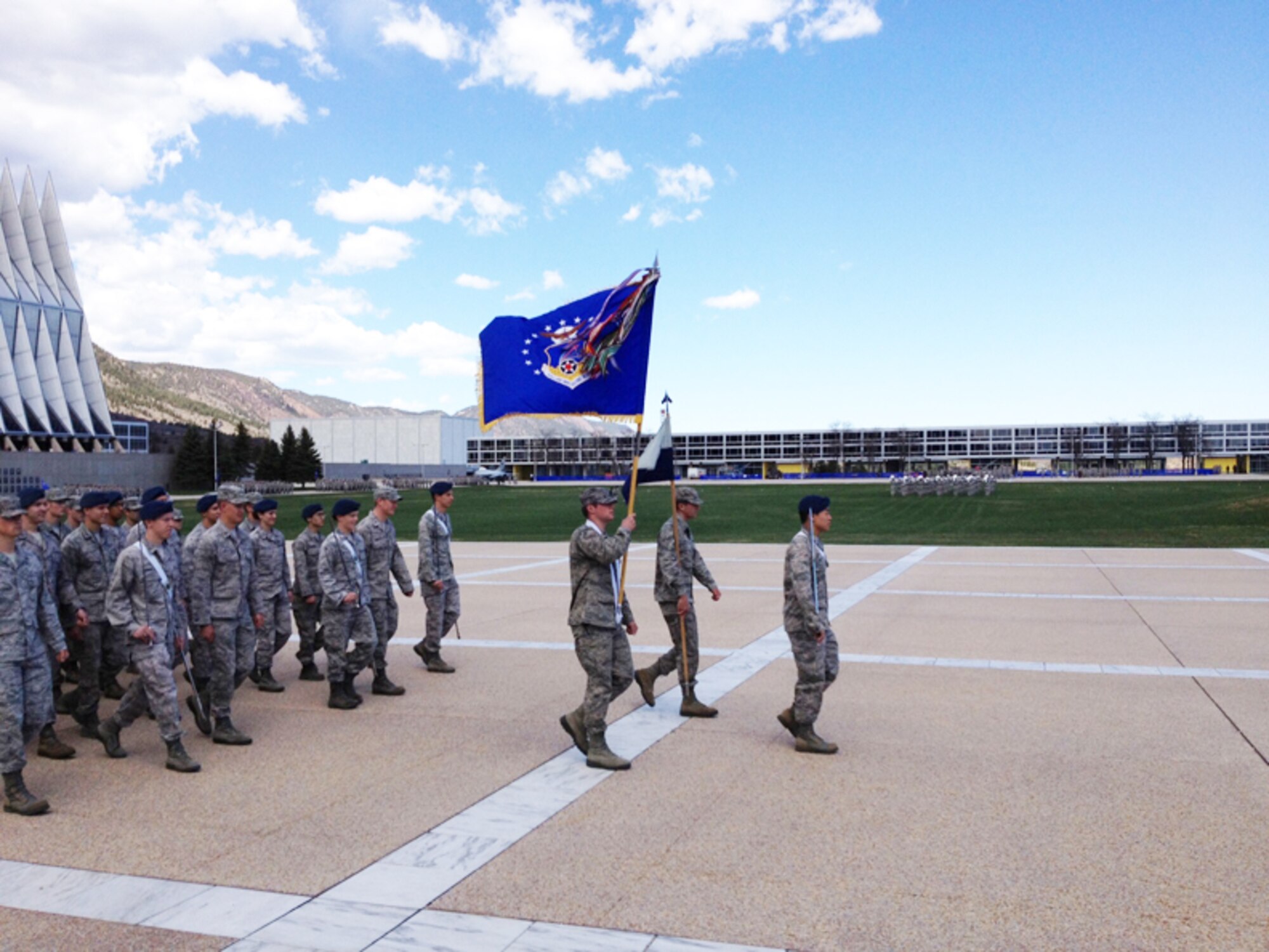 U.S AIR FORCE ACADEMY, Colo., -- The 434th Air Refueling Wing flag leads the way for Cadet Squadron 28 during a parade at the Air Force Academy.  (U.S. Air Force photo)
