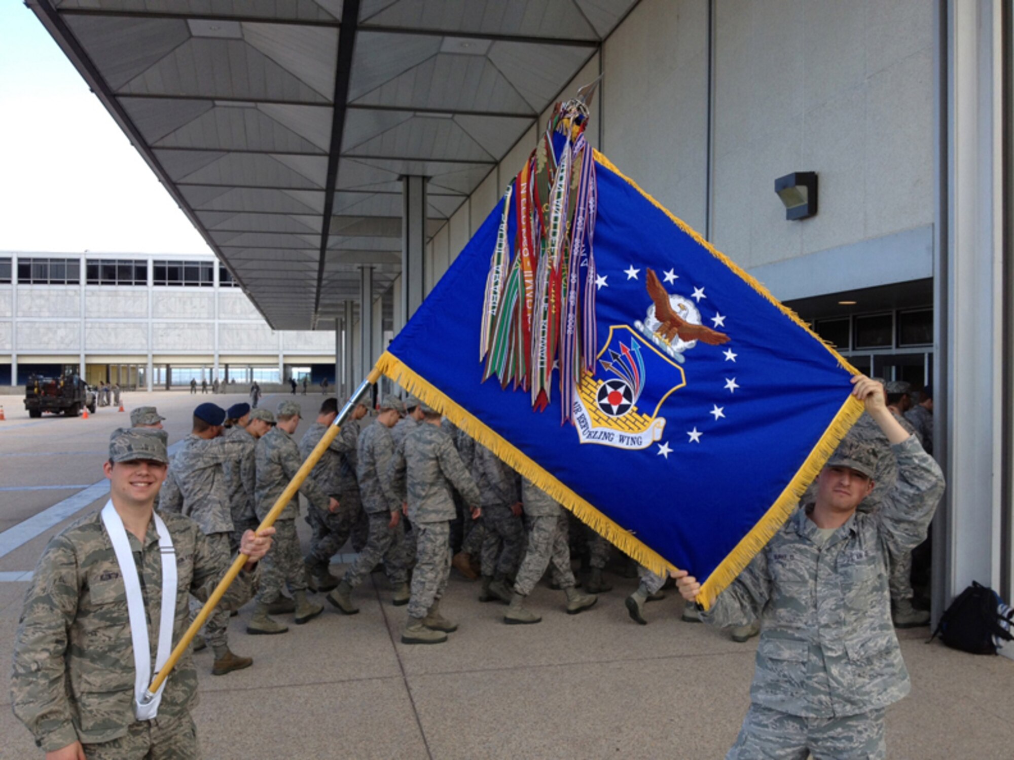 U.S AIR FORCE ACADEMY, Colo., -- Members of Cadet Squadron 28 display the 434th Air Refueling Wing flag after a parade at the United States Air Force Academy. (U.S. Air Force photo)