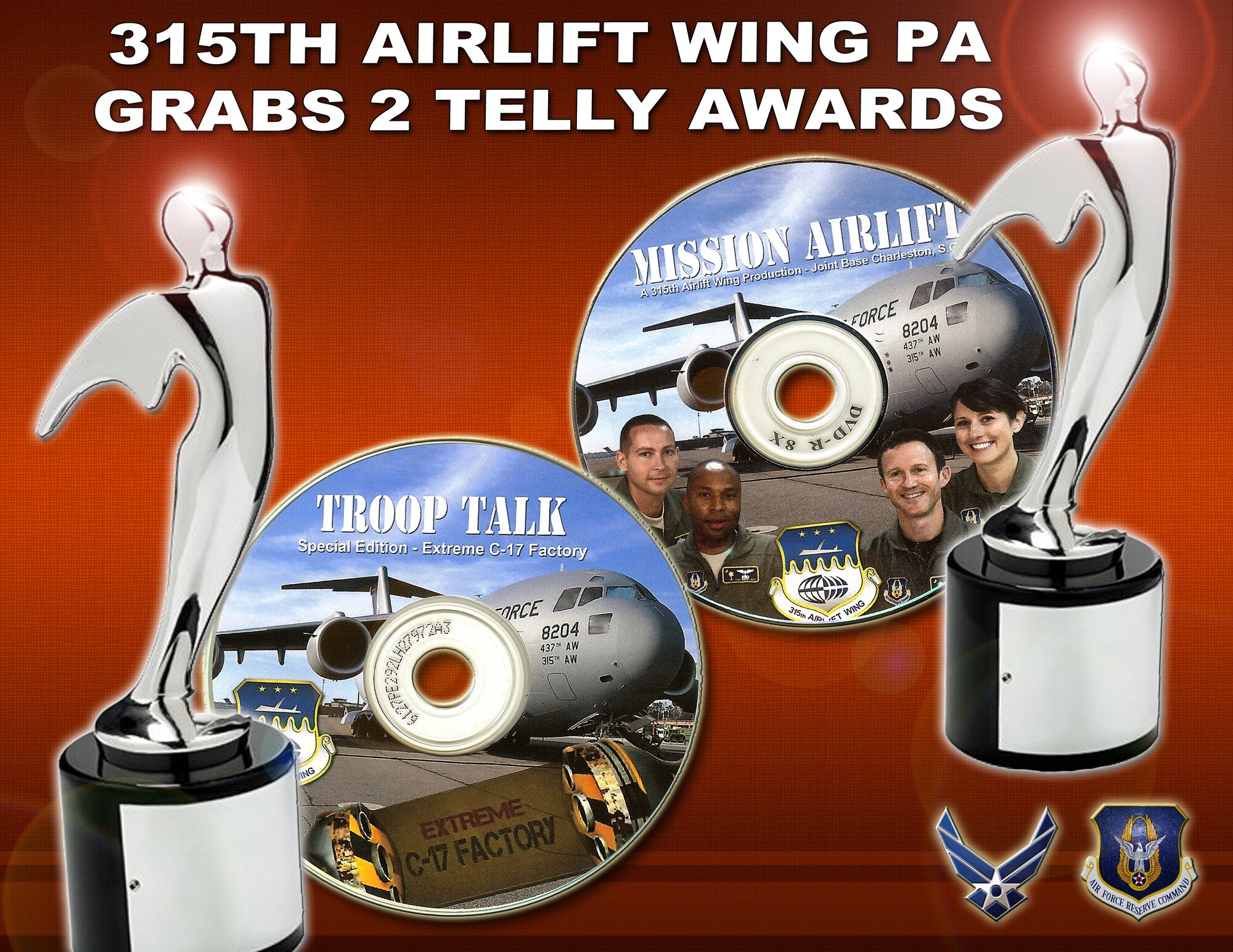 The 315th Airlift Wing Public Affairs had the rare honor of being selected as the winner of two separate awards in the 33rd Annual Telly Awards competition for broadcast and production excellence.  (U.S.A.F. Photo/ Michael Dukes)