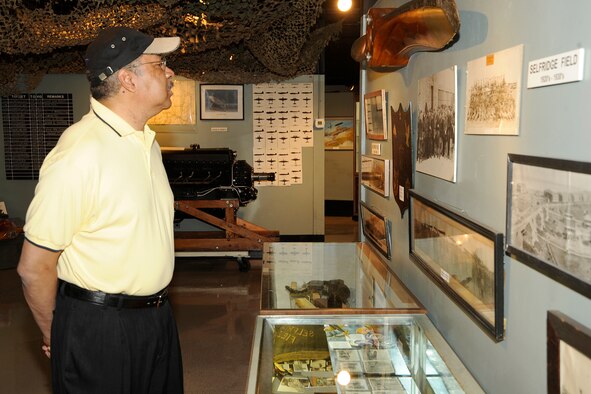 Lt. Gen. (ret.) Daniel James III, former director of the National Guard Bureau, made a visit to the Selfridge Military and Air Museum at Selfridge Air National Guard Base, Mich., May 3, 2012. James was at the base to speak at two leadership training courses. James’ father, the late Gen. Daniel James Jr., was a member of the Tuskegee Airmen and received his pilot training at Selfridge. (U.S. Air Force photo by John S. Swanson)