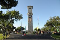 A Fiesta wreath decorates the clock tower in the quadrangle at Joint Base San Antonio-Fort Sam Houston, 22 April. (U.S. Air Force photo by Joel Martinez)