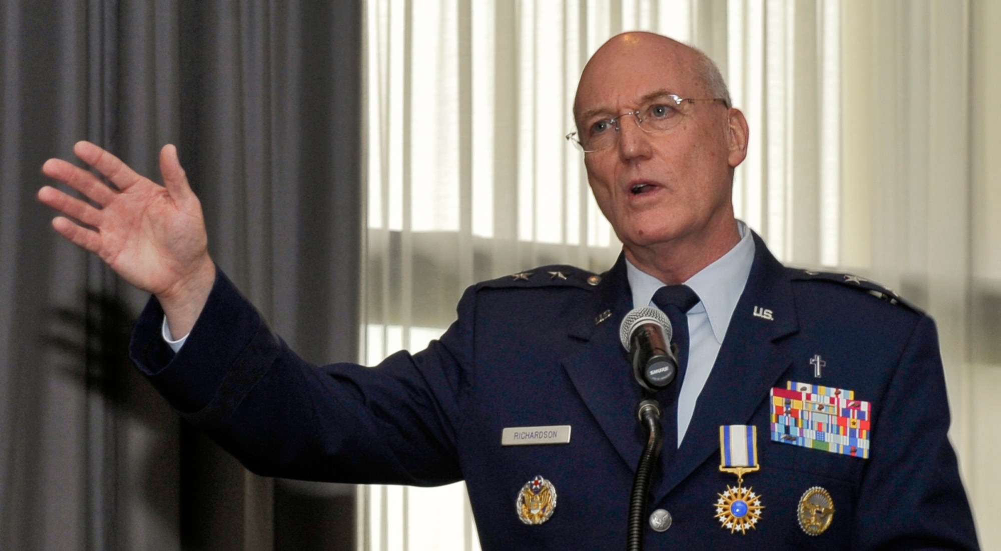 Maj. Gen. Cecil Richardson speaks to attendees during his retirement ceremony April 30, 2012, at Joint Base Anacostia-Bolling, Washington, D.C. Air Force Chief of Staff Gen. Norton Schwartz hosted the event. Richardson was the Air Force chief of chaplains. (U.S. Air  Force photo/Michael J. Pausic)