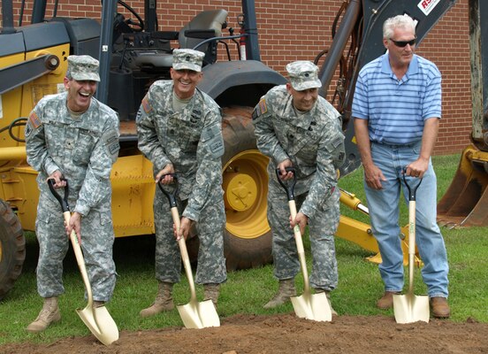 Army officials and the civilian contractor broke ground May 3 for a $10 million dollar expansion at the U.S. Army Combat Readiness/Safety Center at Fort Rucker, Ala.(from left): Brig. Gen. William T. Wolf, director of Army Safety and commander, USACR/Safety Center; Command Sgt. Maj. Richard Stidley, command sergeant major, USACR/Safety Center; Lt. Col. Thomas Nelson, deputy commander, U.S. Army Corps of Engineers Mobile District; and Gary Danford, Bates Engineers/Contractors Inc., Bainbridge, Ga.