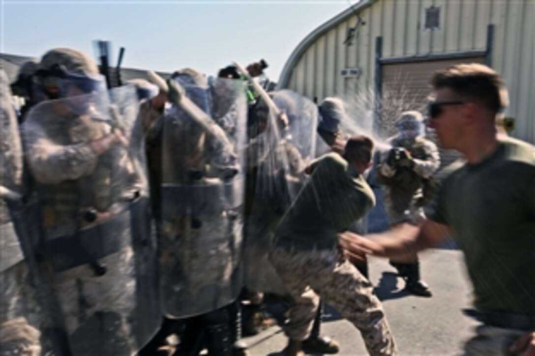 Marines conduct a scenario-based riot control exercise during Non-Lethal Weapons Tactics training in Stone Bay, N.C., April 26, 2012. The Marines are assigned to the ground combat element of Security Cooperation Task Force Africa Partnership Station 2012.