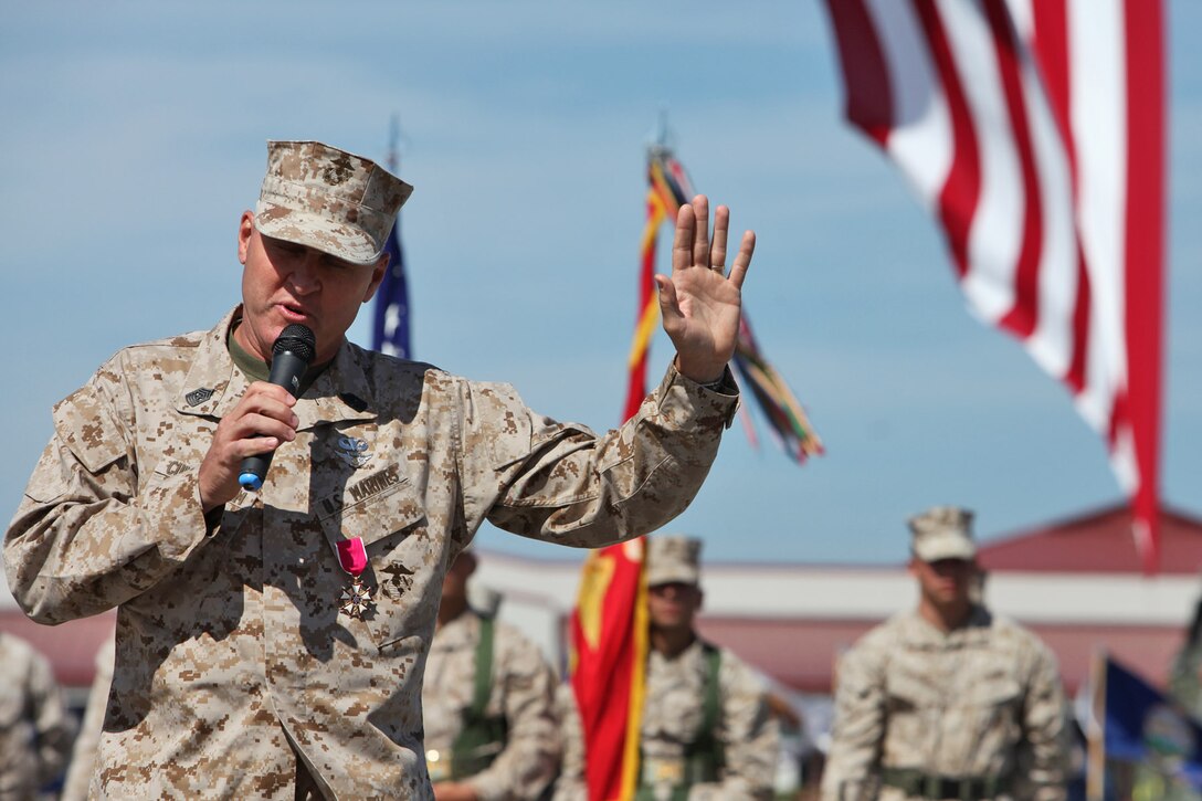 Sgt. Maj. Richard D. Cunningham speaks to his family and friends during his retirement ceremony aboard Camp Pendleton, Calif., May 4. Cunningham retired after 29 years of faithful service to the Marine Corps. (U.S. Marine Corps photo by Lance Cpl. Timothy Childers)