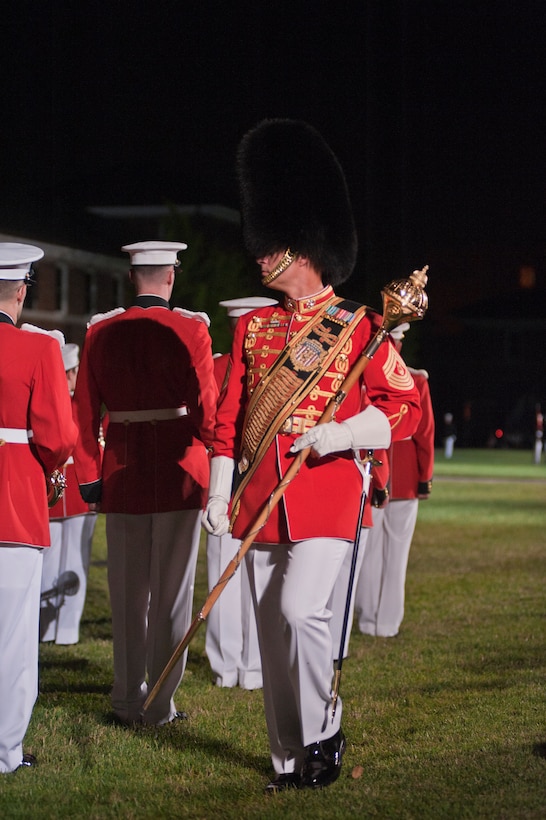 Master Gunnery Sgt. William Browne, Marine Band drum major, checks the band's allignment during a Friday Evening Parade at Marine Barracks Washington May 4.