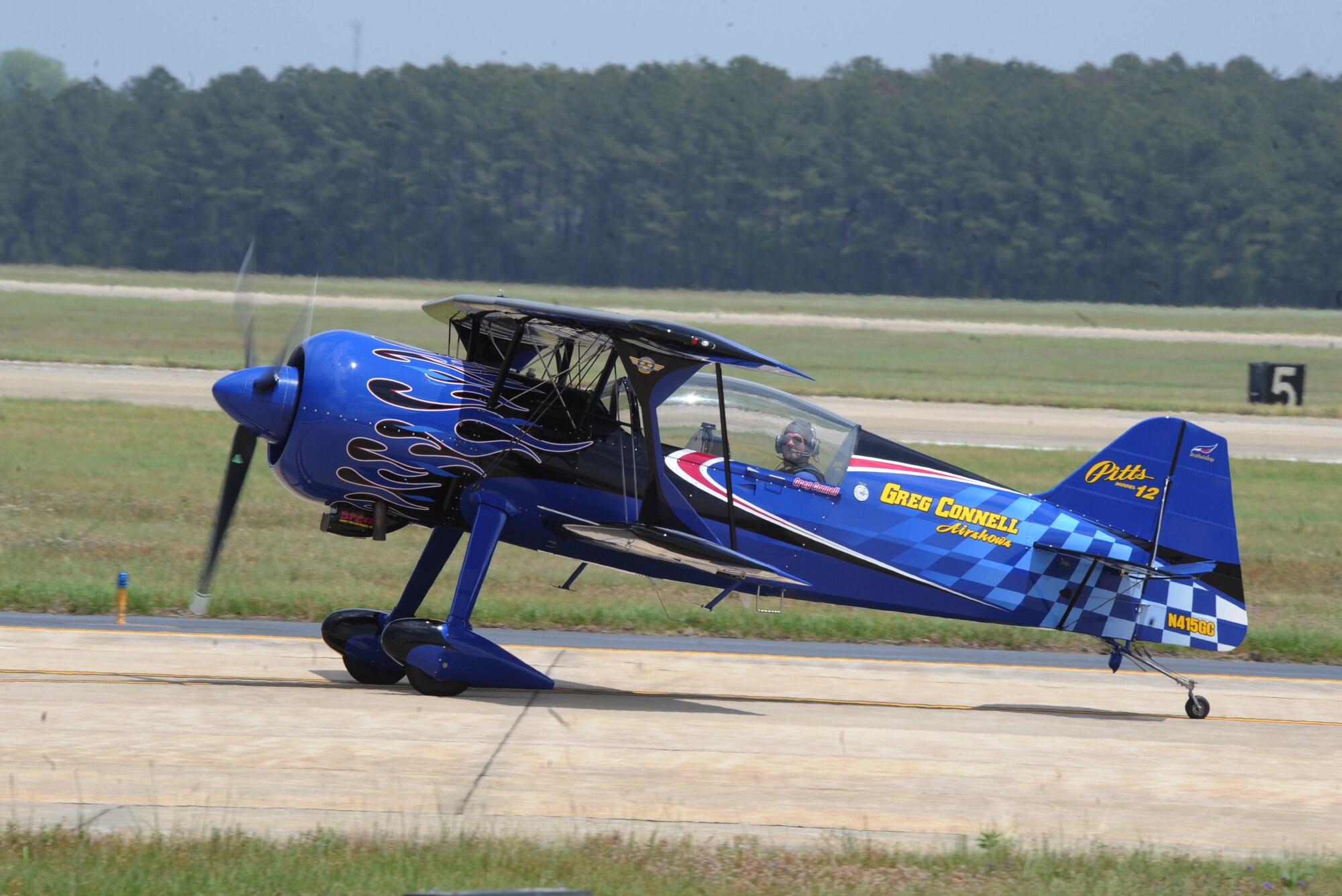 Greg Connell returns from his flight in the Pitts Model 12 during the Shaw Air Expo 2012 at Shaw Air Force Base, May 4, 2012. Connell's performance includes numerous air aerobatic maneuvers which included high climbs and flat spins. (U.S. Air Force photo by Senior Airman Tabatha McCarthy/released)