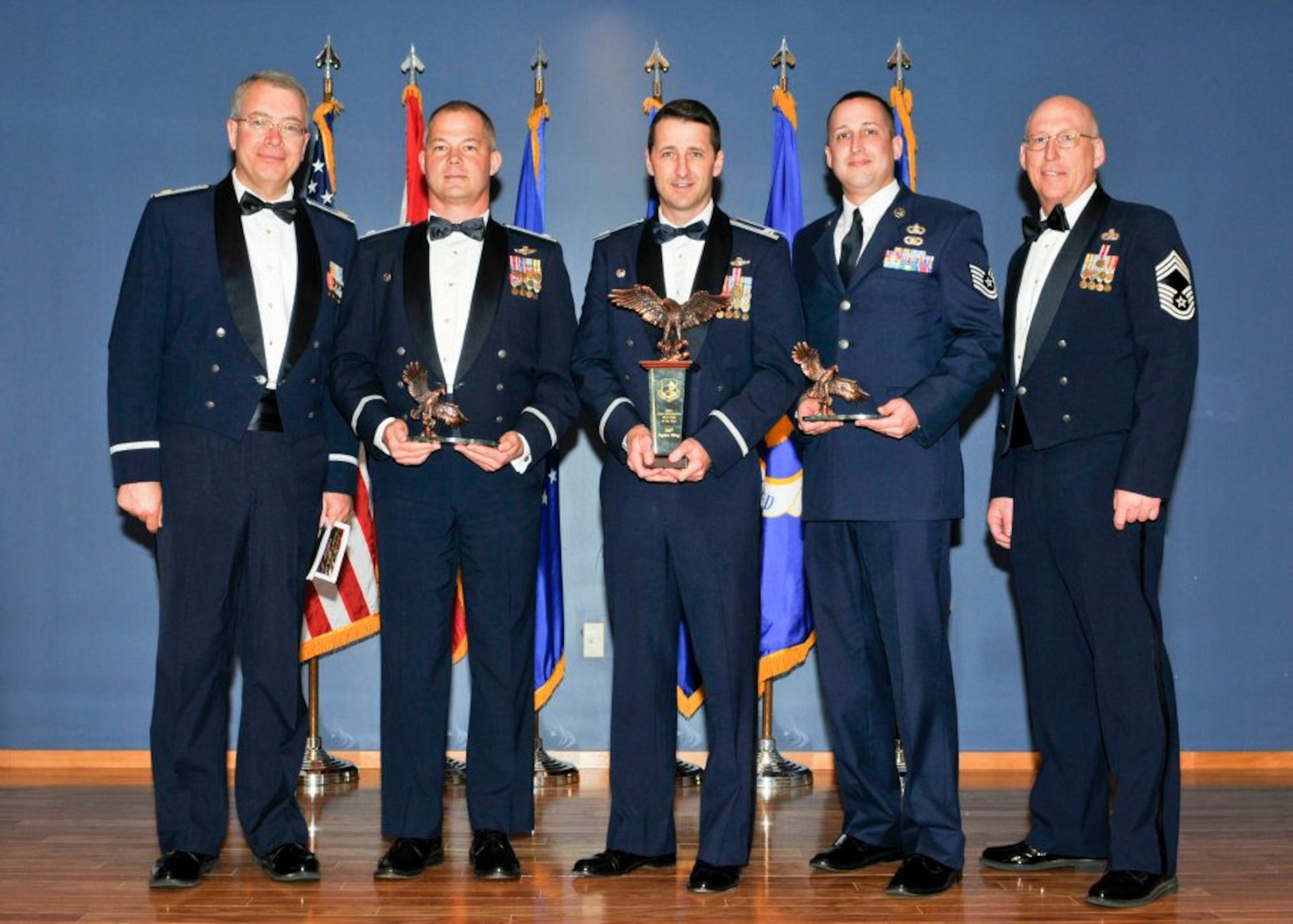 From left to right: Maj. Gary Bentley, wing executive officer; Lt. Col. Tim Moses, operations support squadron commander; Col. Steve Nordhaus, wing commander; Tech. Sgt. Bruce Hedrick, command post controller and Chief Master Sgt. Scott Boyer, Aerospace Control Alert chief of enlisted maintenance.