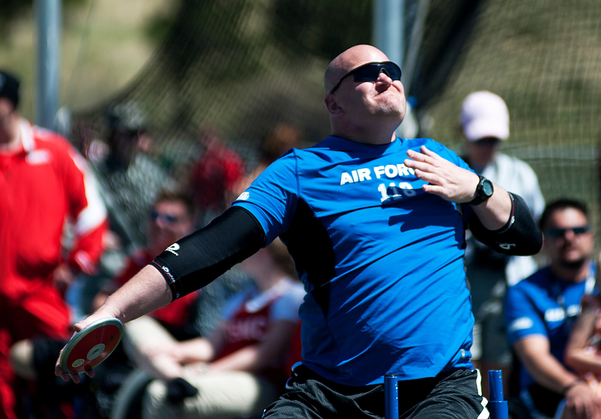 Keith Sekura prepares to throw a discus during the track and field competition of Warrior Games 2012 at the U.S. Air Force Academy in Colorado Springs, Colo., May 4, 2012. Sekura is with the Air Force team. (U.S. Air Force photo by Val Gempis/Released)