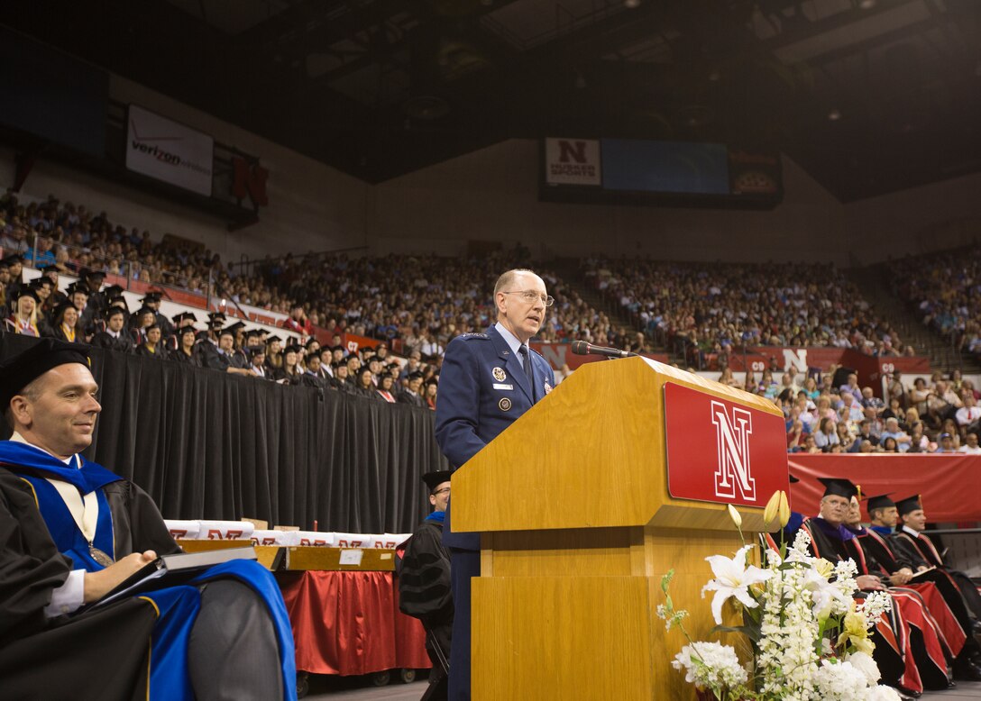 Gen. C. Robert Kehler, the commander of U.S. Strategic Command, Offutt Air Force Base, Neb., delivers the commencement address to nearly 3,000 University of Nebraska - Lincoln undergraduates who received their diplomas Saturday May 5, 2012 at the Bob Devaney Sports Center in Lincoln, Neb. Undergraduate refers to those studying toward a bachelor's degree such as a Bachelor of Arts or a Bachelor of Science. General Kehler's educational background includes a Bachelor of Science degree in education from  Pennsylvania State University, State College, Penn., a Master of Science degree in public administration from the University of Oklahoma, Norman, Okla., and a Master of Arts degree in national security and strategic studies from the Naval War College, Newport, R.I.