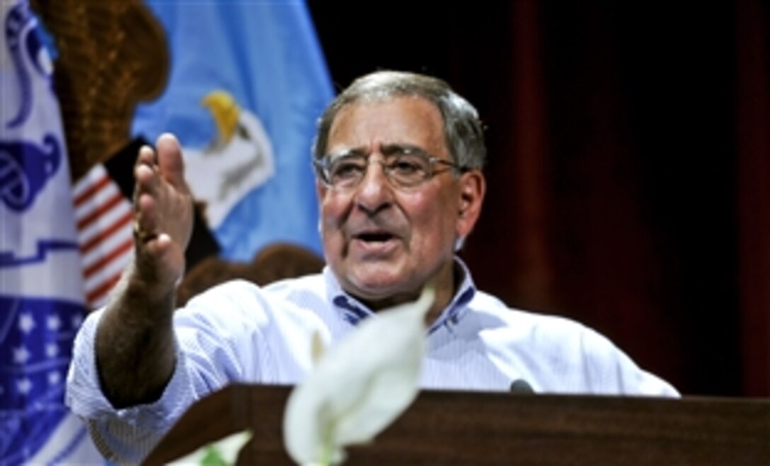 Defense Secretary Leon E. Panetta addresses the 3rd Heavy Brigade Combat Team of the U.S. Army’s 3rd Infantry Division during a town hall meeting on Fort Benning, Ga., May 4, 2012. Panetta urged the service members to always display the strongest character, the greatest discipline and the utmost integrity in everything they do. 