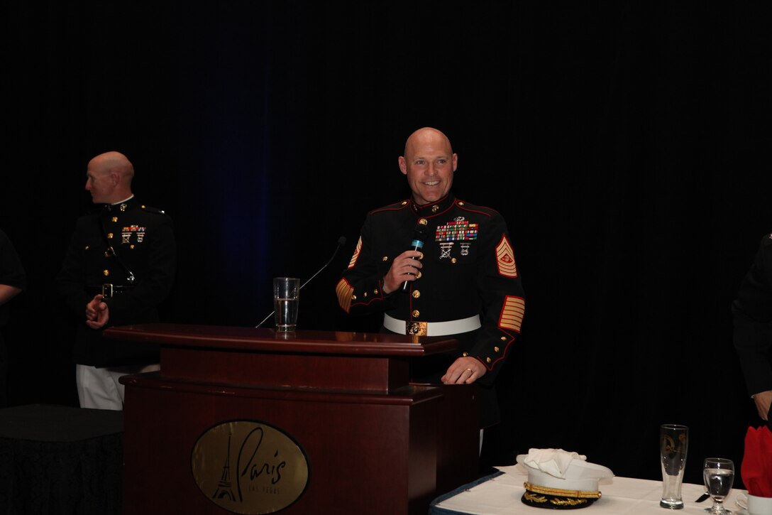 Sgt. Maj. Micheal P. Barrett, the 17th Sergeant Major of the Marine Corps, attends the 3rd Battalion, 7th Marines Dining Out as the Guest of Honor in Las Vegas, May 5, 2012.