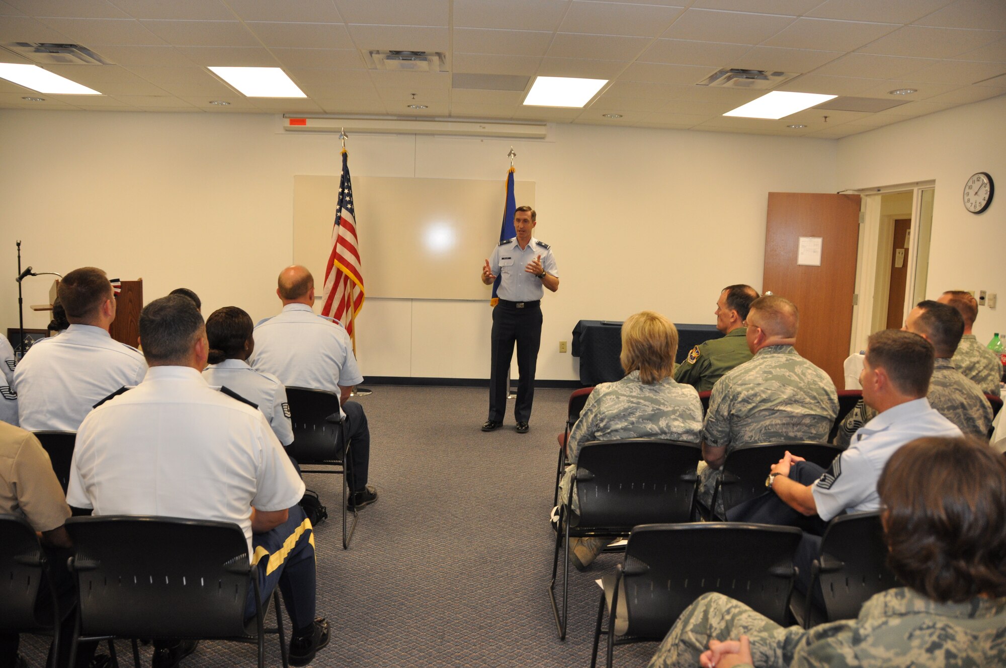 Brig. Gen. Ronald B. Miller, 301st Fighter Wing commander, speaks during a joint noncommissioned officer leadership development course graduation Friday, May 4. There were 22 total service members from the Air Force, Army, and Navy who participated. This was the first joint class to be held at the wing and the largest multi-branch class to be held in the Air Force Reserve Command. (U.S. Air Force photo/SrA Melissa Harvey)