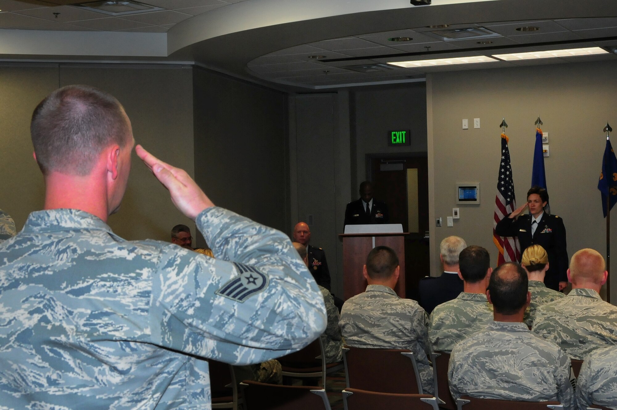 Maj. Cynthia Marcello assumed command of the 310th Force Support Squadron from the outgoing commander, Lt. Col. Kevin Graefe, at a change-of-command ceremony on April 15 at the newly completed Air Reserve Personnel Center at Buckley Air Force Base, Colo. (U.S. Air Force Photo/Staff Sgt. Jeffrey Fitzmorris)