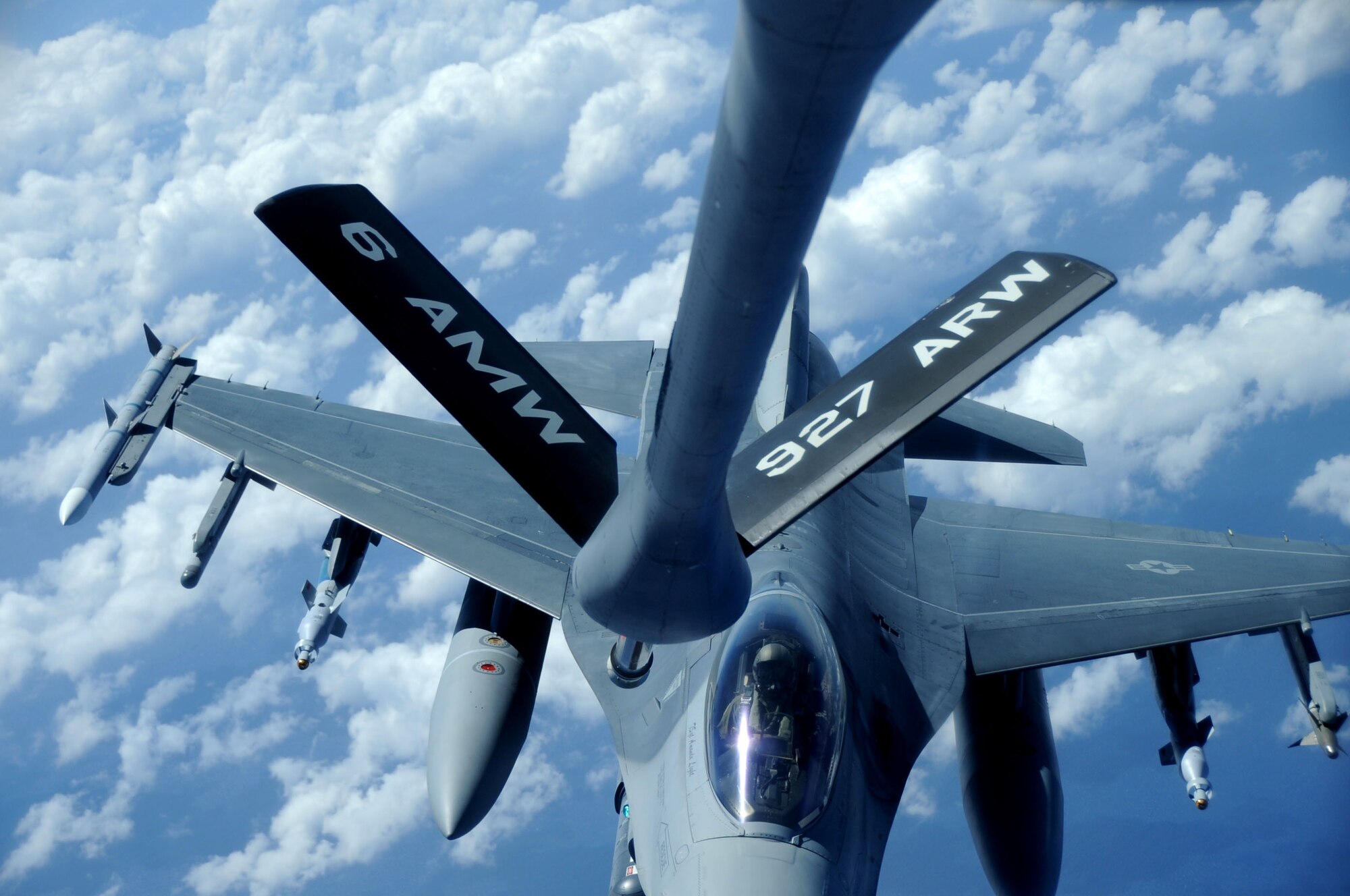 MACDILL AIR FORCE BASE, Fla. – When an F-16 Fighting Falcon is soaring a few dozen feet away, it’s hard to not be impressed.  More than a dozen employers and civic leaders witnessed the 927th Air Refueling Wing’s mission in action when they participated in an orientation flight May 5.   (Official U.S. Air Force photo by Staff Sgt. Shawn Rhodes)