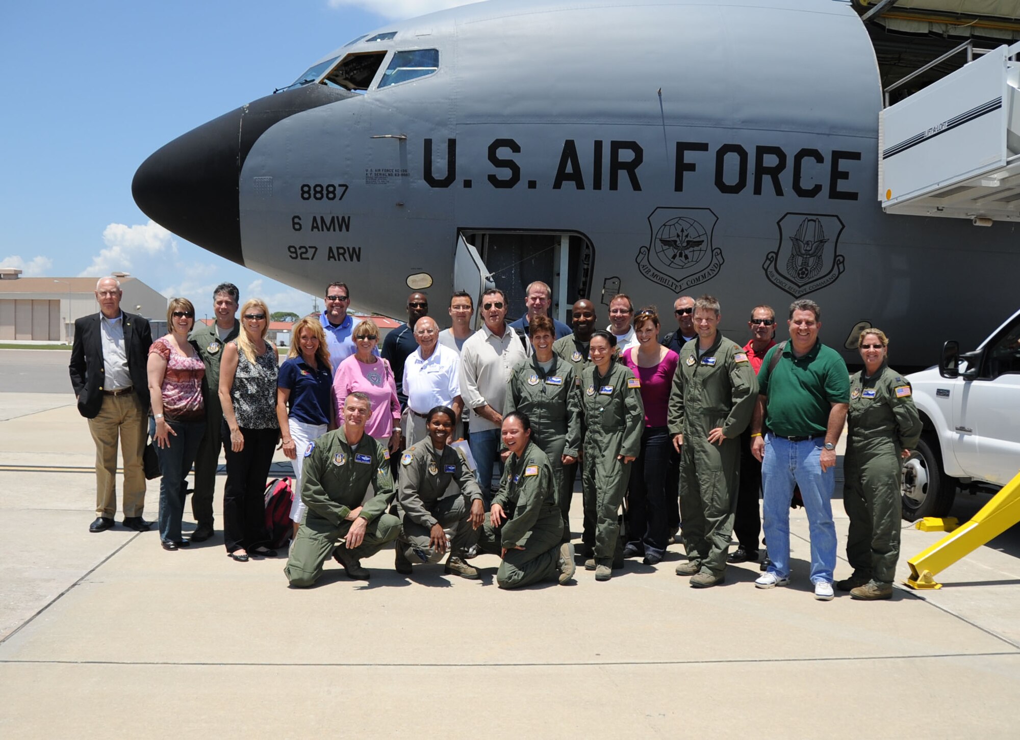 MACDILL AIR FORCE BASE, Fla. – More than a dozen local employers, civic leaders, and Employer Support of the Guard and Reserve representatives gathered to refuel F-15 Eagles and F-16 Fighting Falcons.  The event was part of an orientation flight the 927th Air Refueling Wing hosted for the guests, to thank them for their support of the unit’s reservists and to familiarize them with the unit’s refueling mission.  (Official U.S. Air Force photo by Staff Sgt. Shawn Rhodes)