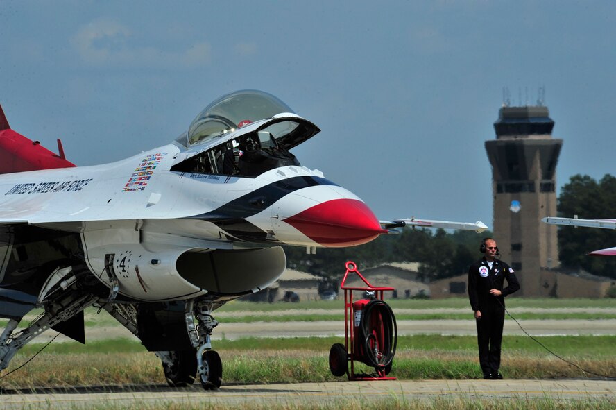 U.S. Air Force Air Demonstration Squadron "Thunderbirds" prepare for takeoff during a perform at the Shaw Air Expo, Shaw Air Force Base, S.C., May 5, 2012.  The Thunderbirds perform more than 88 air demonstrations each year across the U.S. The Expo is held biennially at Shaw to thank the neighboring community for their support to the base. (U.S. Air Force photo by Airman Nicole Sikorski/Released) 