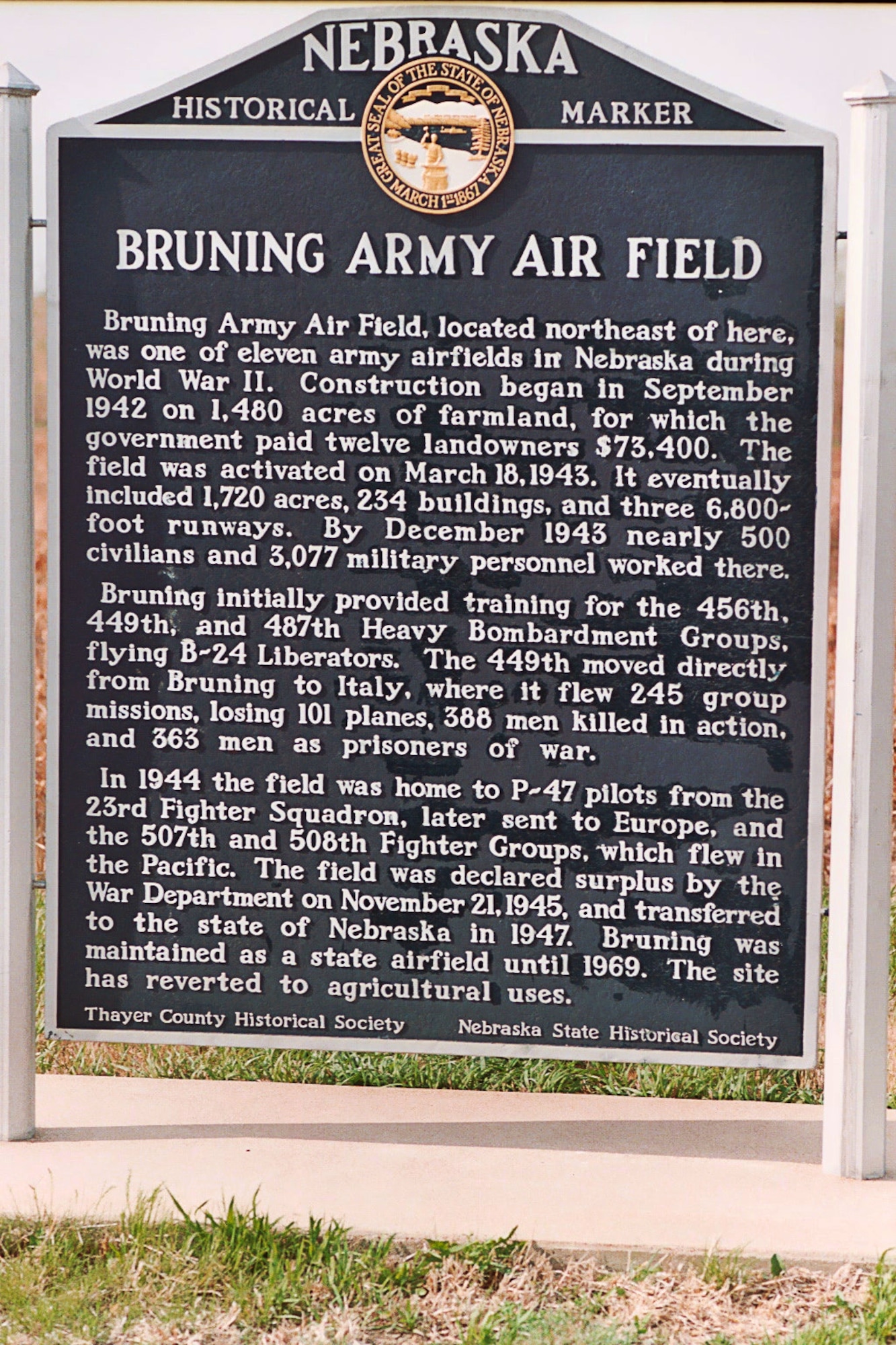 A historical marker stands on the former location of Bruning Army Air Field, Neb., in this photo taken on July 17, 2004.  The 507th Fighter Group, the precursor to the modern-day 507th Air Refueling Wing, was activated at Bruning AAF in 1944.  (U.S. Air Force photo by Lt. Col. [ret.] Donald Klinko)