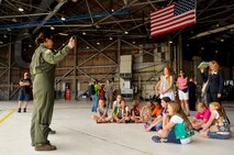 Capt. Jessica Guarini, 911th Air Refueling Squadron pilot and former Girl Scout talks to nearly 20 scouts on Friday, May 4 as part of Operation Cookie Drop 2012.. (USAF photo by Tech. Sgt. Scotty Sweatt, 916ARW/PA, released)