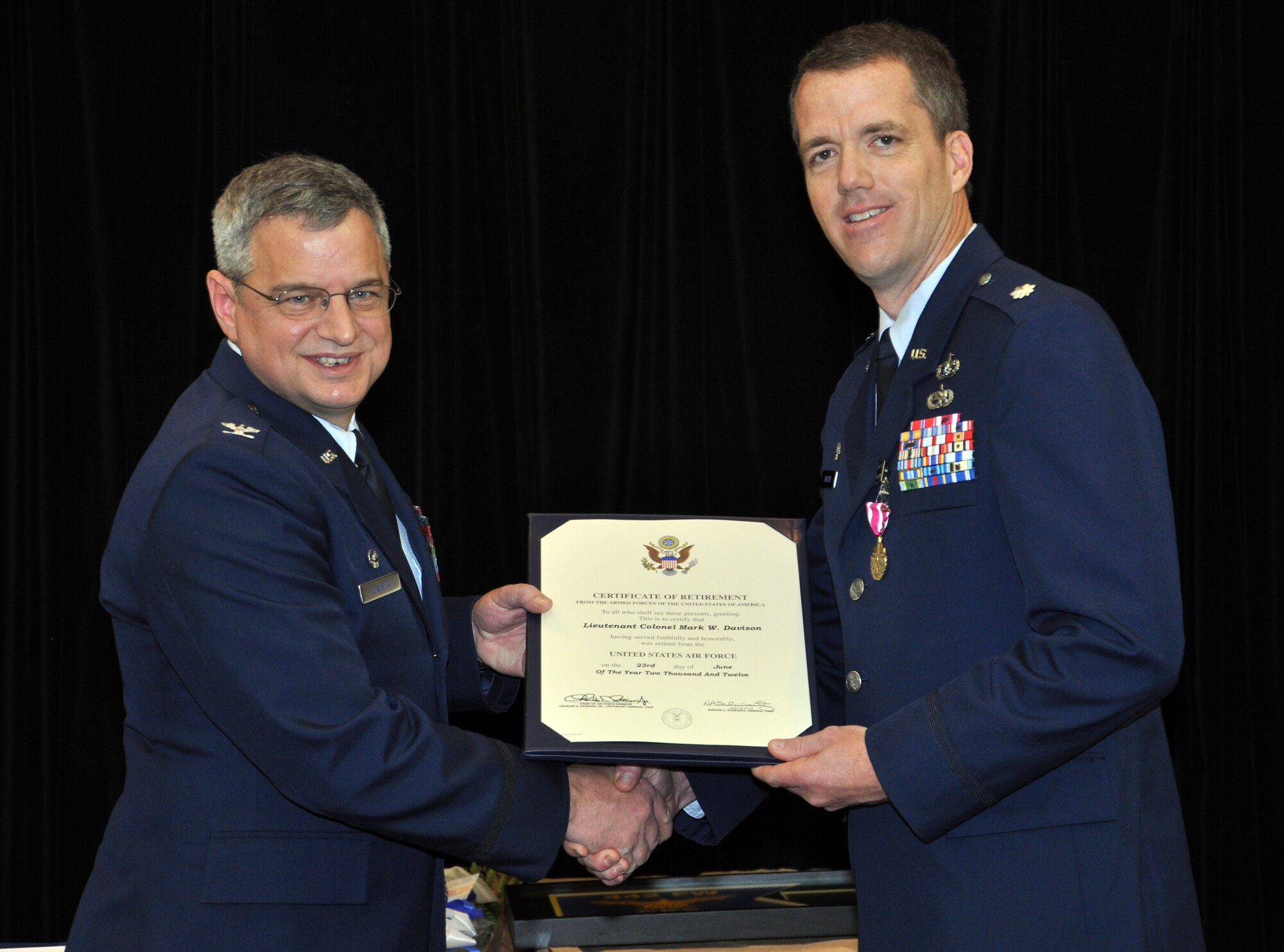 Lt. Col. Mark W. Davison, 442nd Civl Engineer Squadron commander, retired Saturday May 5 in a cermony held at Whiteman Air Force Base, Mo. Davison recently returned from a deployment to Afghanistan, where he was awarded the Bronze Star and the Meritorious Service Medal. The 442nd CES is part of the 442nd Fighter Wing, an A-10 Thunderbolt II Air Force Reserve unit at Whiteman AFB, MO. (U.S. Air Force Photo/Senior Airman Wesley Wright)