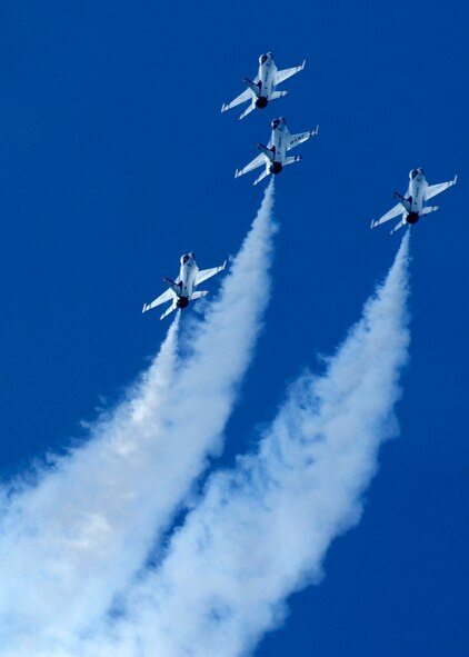 U.S. Air Force Thunderbirds fly up into the sky during their performance at the Shaw Air Expo at Shaw Air Force Base, S.C., May 5, 2012. In 1992, the Thunderbirds transitioned to the F-16 Fighting Falcon for their demos. They are stationed out of Nellis Air Force Base; Nev. Thousands of visitors came to the 2012 Shaw Air Expo to see the Thunderbirds perform.