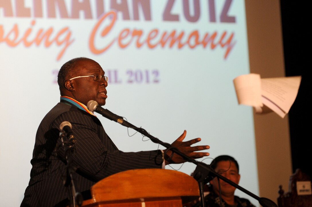Harry K. Thomas, Jr., U.S. Ambassador to the Philippines, throws out his planned speech after listening to the military leaders from the Philippines and the U.S. speak of mutual respect, admiration and gratitude for each other during his remarks at the closing ceremony of Balikatan 2012, April 27, at Camp Aguinaldo, Philippines. Exercise Balikatan is an annual training event aimed at improving combined planning, combat readiness, humanitarian assistance and interoperability between the Armed Forces of the Philippines and U.S. The word "balikatan" in Filipino means "shoulder-to-shoulder." (U.S. Air Force photo/Staff Sgt. Mike Meares/Released)