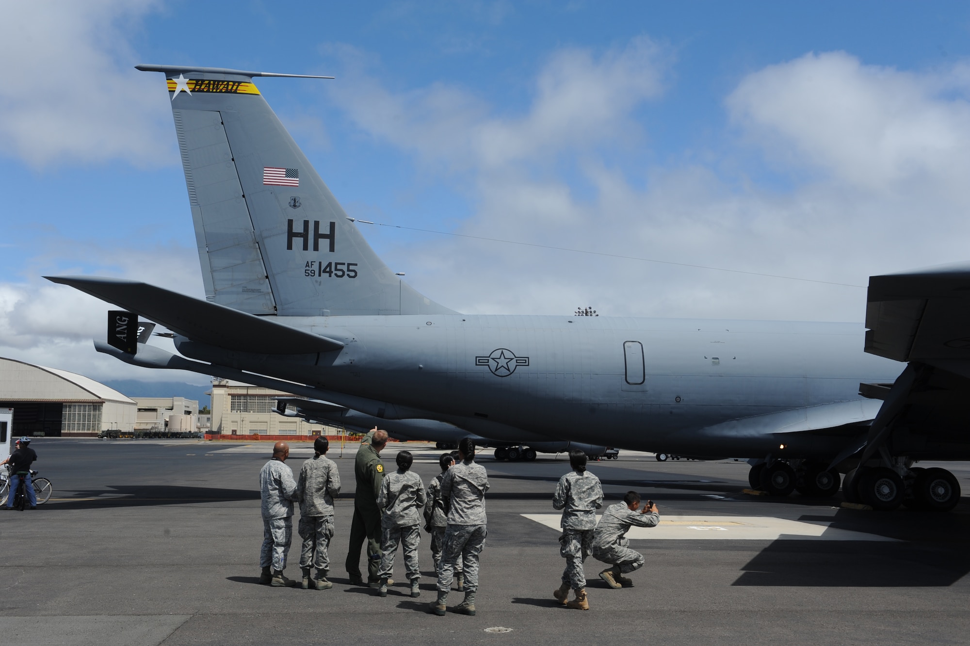 Reserve Officers' Training Corps cadets visiting from U.S. Air Force ROTC Detachment 175 at the University of Hawaii are given a tour of a KC-135 Stratotanker May 4 at Joint Base Pearl Harbor-Hickam, Hawaii. The visit, which featured 19 cadets from both the U.S. Army and U.S. Air Force, served as an incentive flight for the cadets while simultaneously providing them a glimpse of the operational military. (U.S. Air Force photo by Staff Sgt. Nathan Allen)
