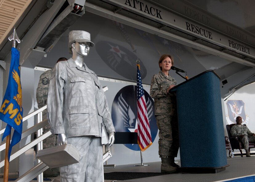 U.S. Air Force Lt. Gen. Judith Fedder, Headquarters U.S. Air Force, Washington, D.C., deputy chief of staff for logistics, installations and mission support, speaks to Airmen prior to presenting the Clements McMullen Memorial Daedalian Weapons System Maintenance Trophy to the 23d Maintenance Group at Moody Air Force Base, Ga., May 4, 2012. Every year, only one maintenance group within Air Combat Command is chosen to receive “the crown jewel of maintenance awards.” (U.S. Air Force photo by Senior Airman Eileen Meier/Released)