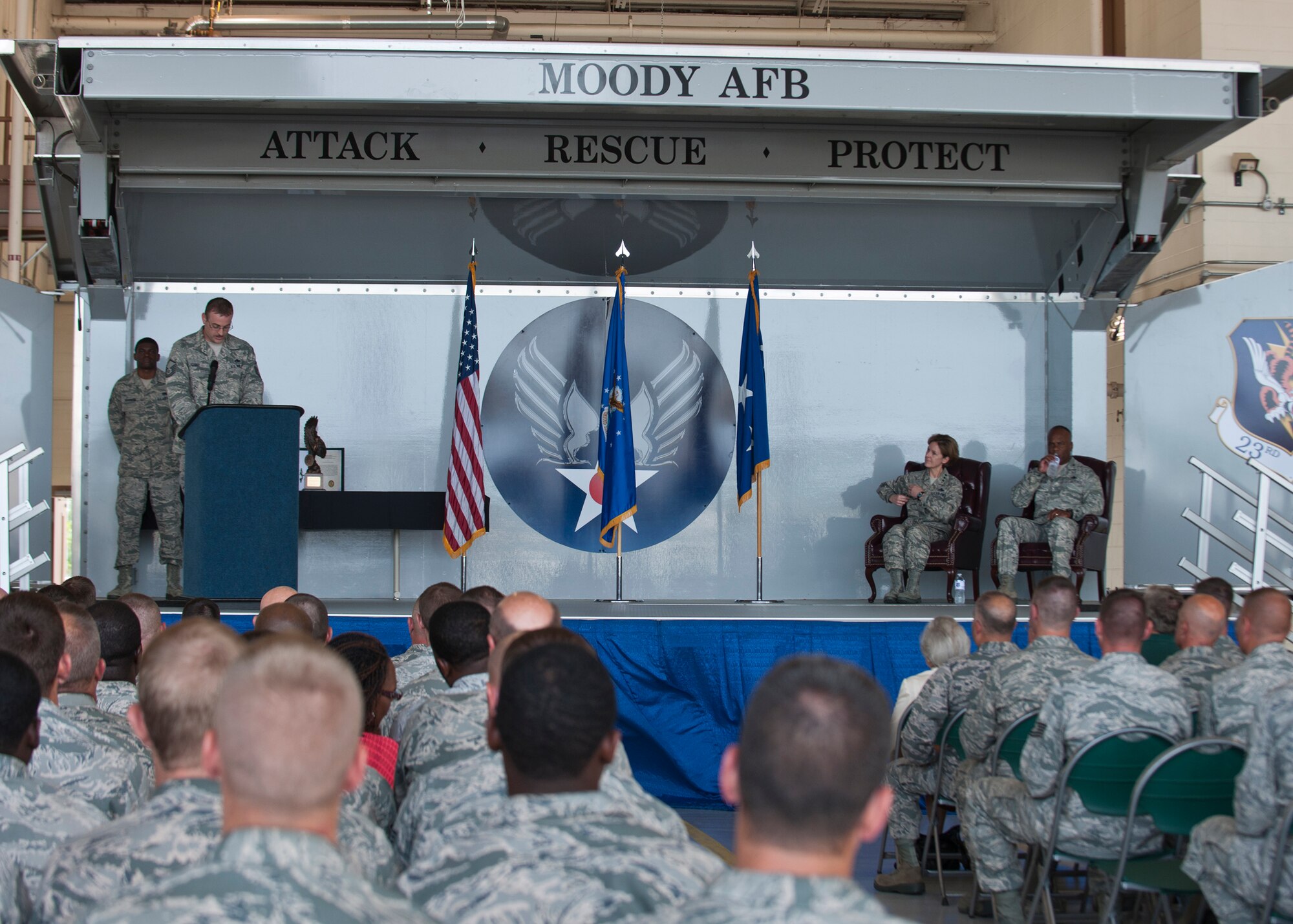 Airmen gather at the Fuels Barn for the Clements McMullen Memorial Daedalian Weapons System Maintenance Trophy presented by U.S. Air Force Lt. Gen. Judith Fedder, Headquarters U.S. Air Force Washington, D.C., deputy chief of staff for logistics, installations and mission support,  to Col. Neal Robinson, 23d Maintenance Group commander, in representation of all MXG Airmen at Moody Air Force Base, Ga., May 4, 2012.  The trophy recognizes the unit that me t the objective of providing safe, serviceable and available equipment for sustained use in peace and war. (U.S. Air Force photo by Senior Airman Eileen Meier/Released)