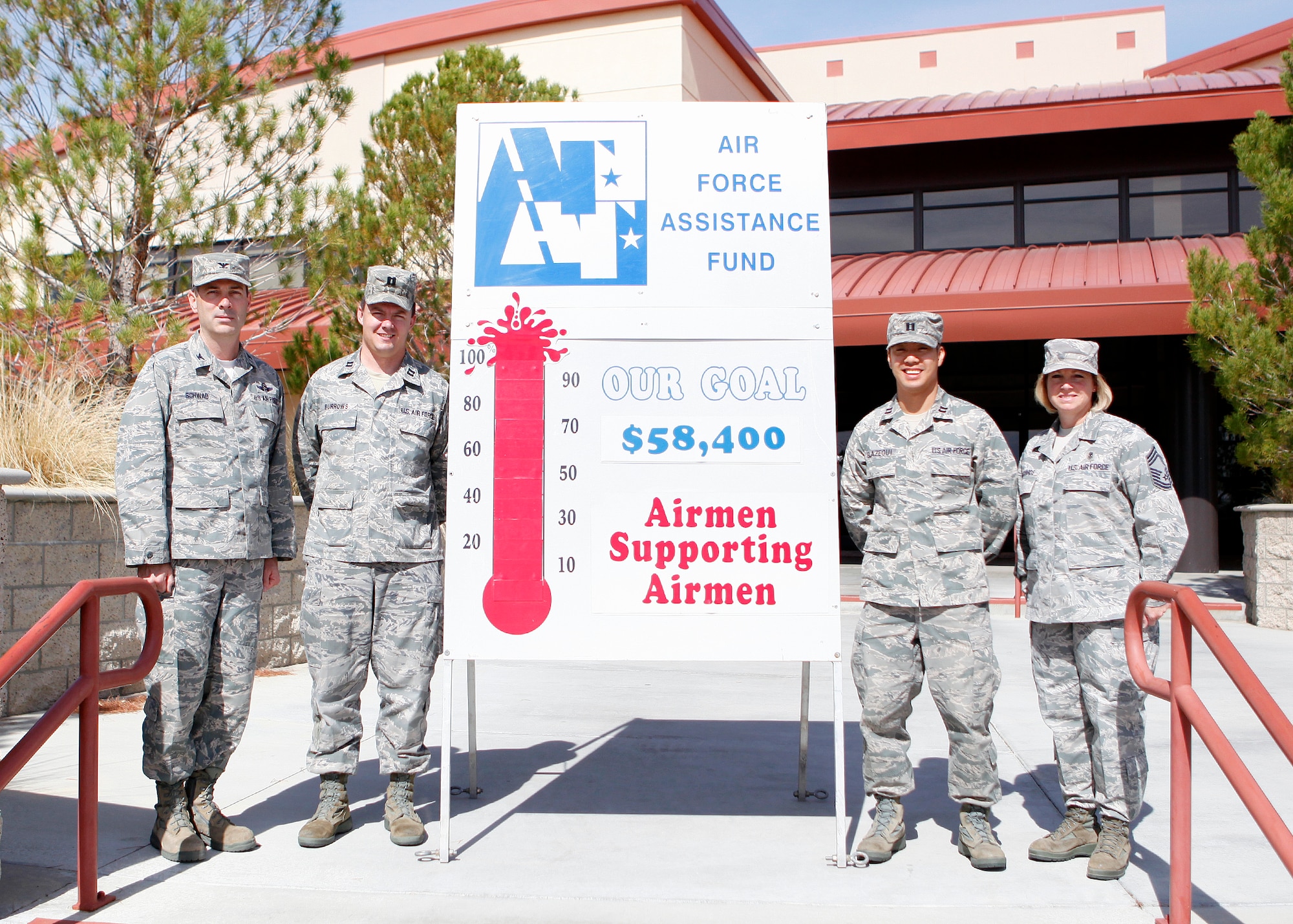 (From left to right) Col. Gregory Schwab, 95th Air Base Wing commander, Capt. Ronald Elazegui, 95th Medical Support Squadron pharmacist and Air Force Assistance Fund installation project officer, Capt. Scott Burrows, 773rd Test Squadron aeronautical engineer and AFAF IPO, and Chief Master Sgt. Lisa Richards, 95th Medical Group superintendent, pose for a group photo to signify the end of a successful AFAF campaign at Edwards May 1. Team Edwards raised a grand total of $69,035, surpassing the Edwards AFAF campaign goal of $58,400 by 18 percent. (U.S. Air Force photo by Jet Fabara)