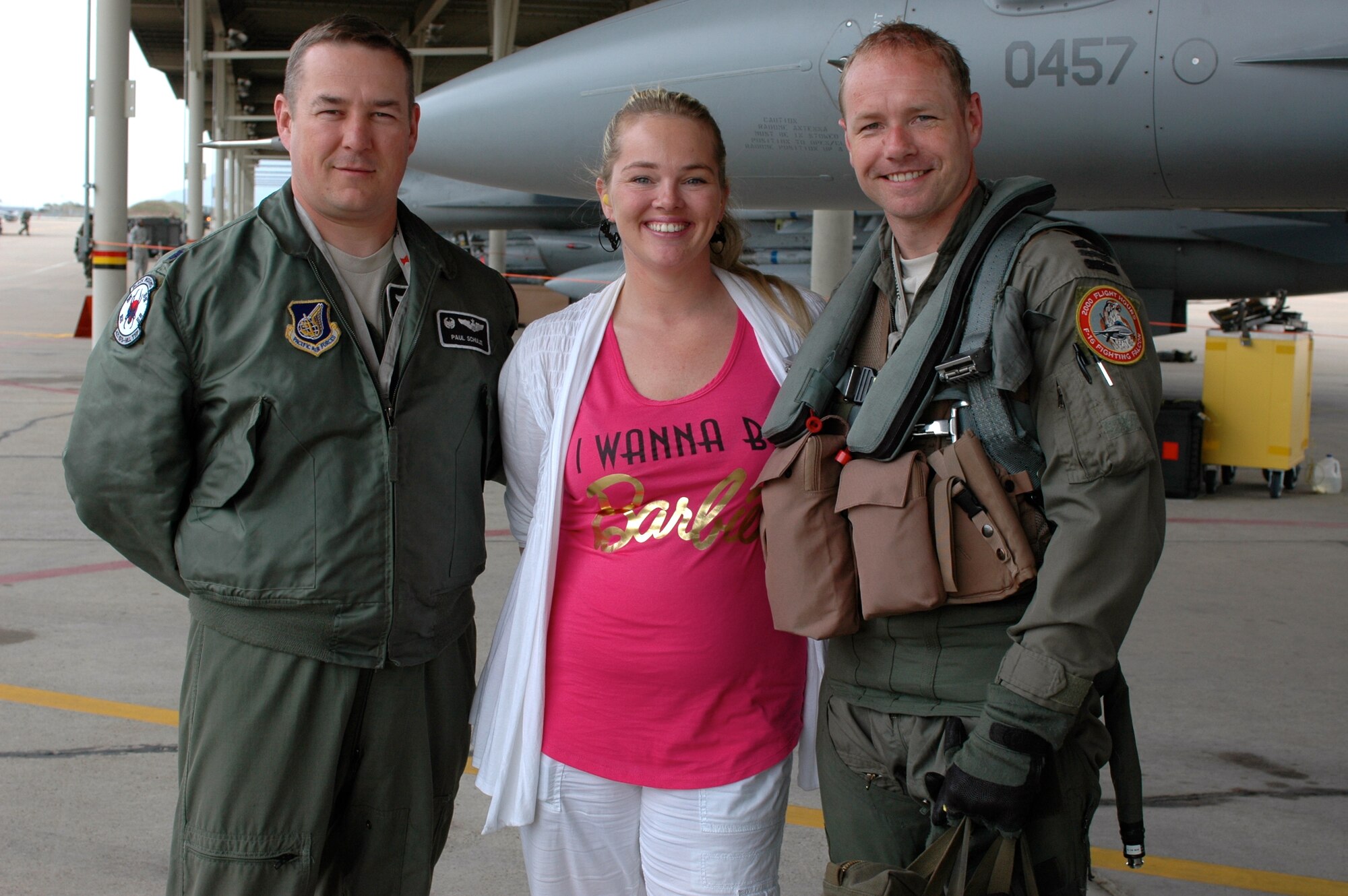 HILL AIR FORCE BASE, Utah -- Royal Netherlands Air Force pilot Maj. Connor Vermeer, from the 421st Fighter Squadron, flew his 2,000th flying hour in the F-16 Fighting Falcon May 3 at Hill. Well wishers, including Lt. Col. Paul Schulze, the 421 FS commander, and his wife Barbara came out for his return after flying his 2,000th hour. (Released/U.S. Air Force Photo/Andrea Mason)
