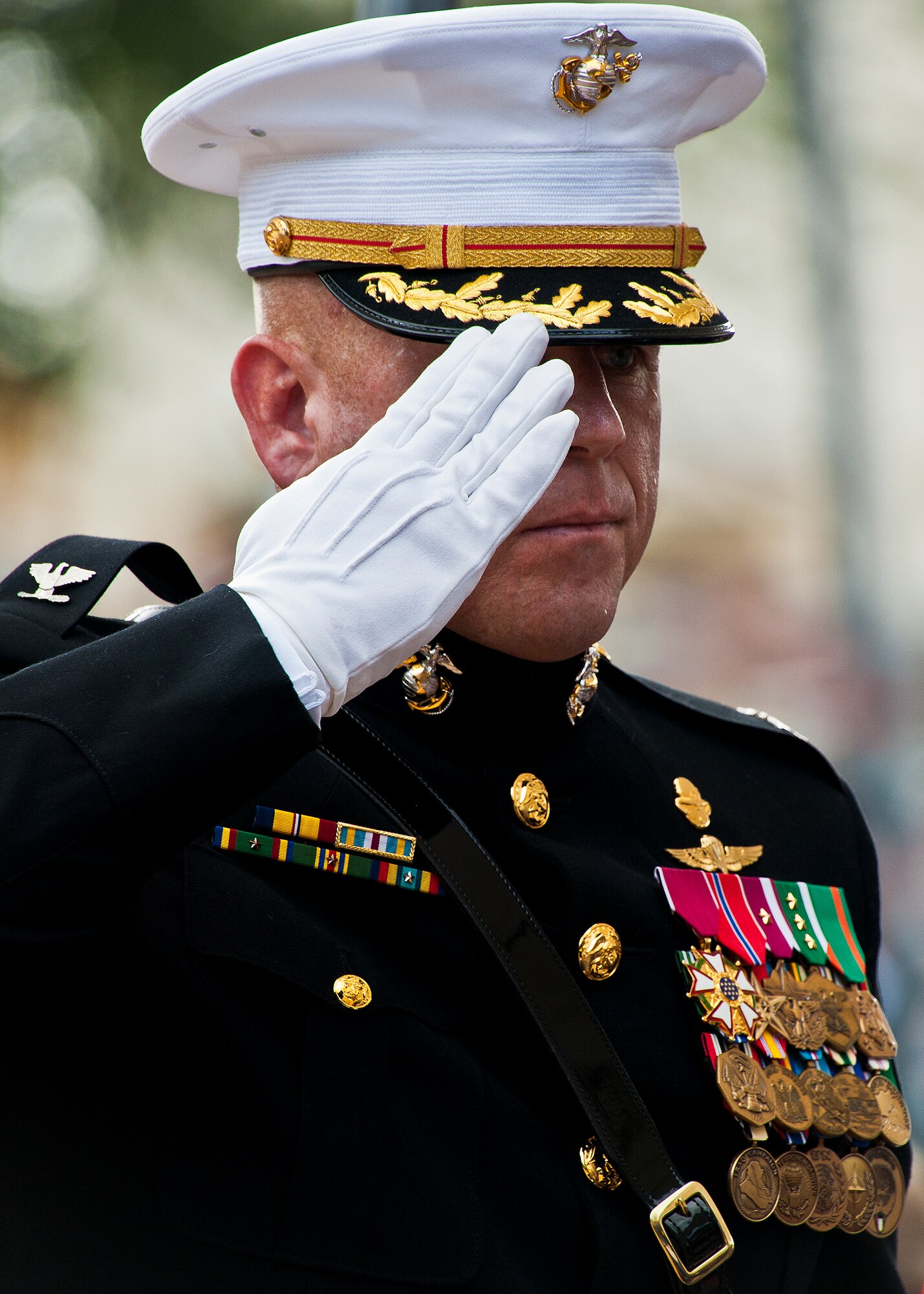 A Marine colonel salutes before taking a flag to present to a family member of a fallen Marine explosive ordnance disposal technician during the 43rd Annual EOD Memorial Ceremony May 5, 2012, at Eglin Air Force Base, Fla.  (U.S. Air Force photo/Samuel King Jr.)