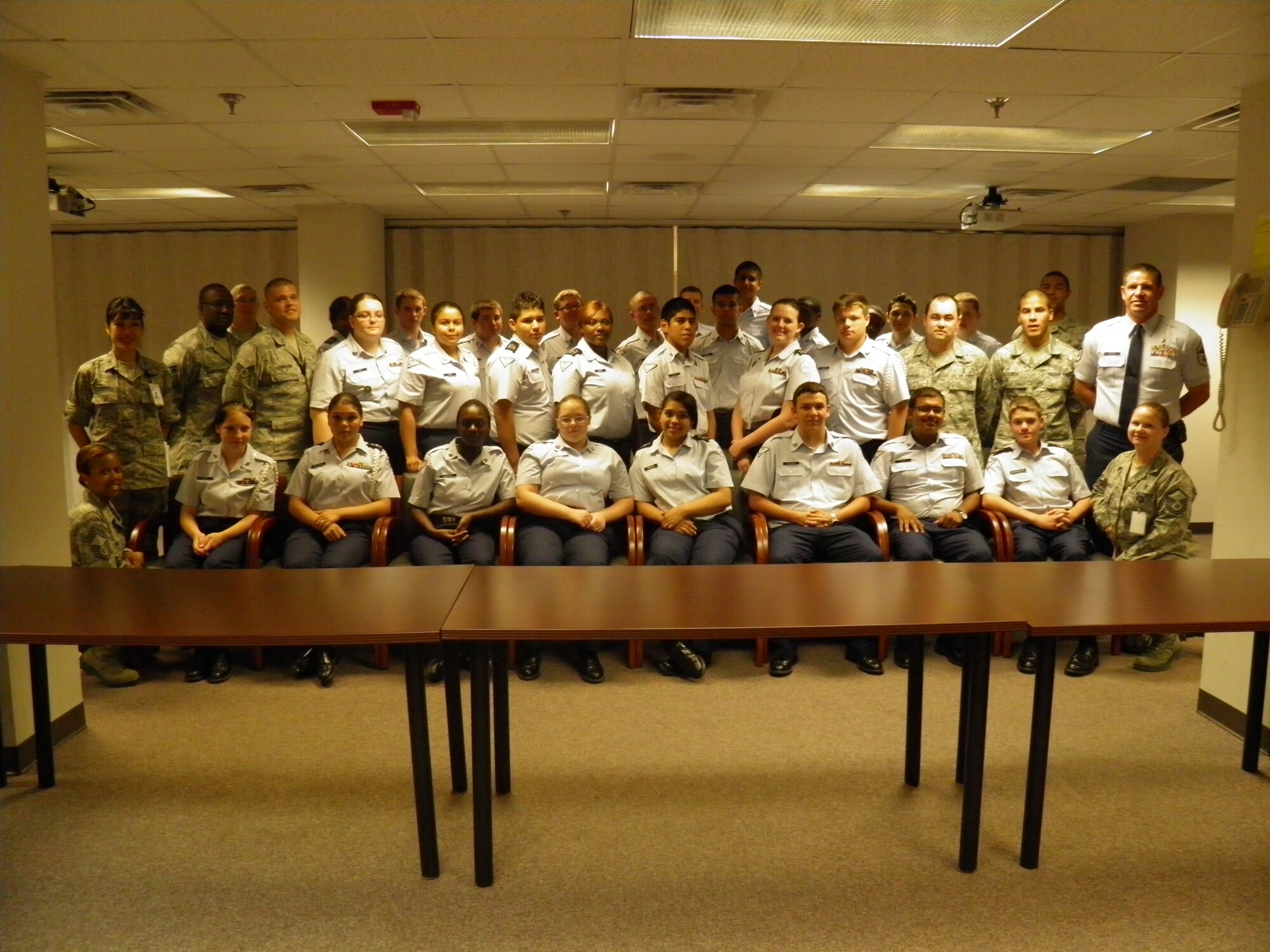 Seymour Johnson’s 4th Medical Group hosted 29 cadets from North Johnston High School’s Junior ROTC program, May 3, 2012.  U.S. Air Force Master Sgt. Raymond Owens, Staff Sgt. Lance Bondurant, Senior Airmen Nicolas Simmons, Joshua Lemasters and Airman 1st Class Jose Lurita,  all 4th MDG Airmen, shared stories about life in the Air Force and job opportunities within the medical field with the cadets. (Courtesy photo)