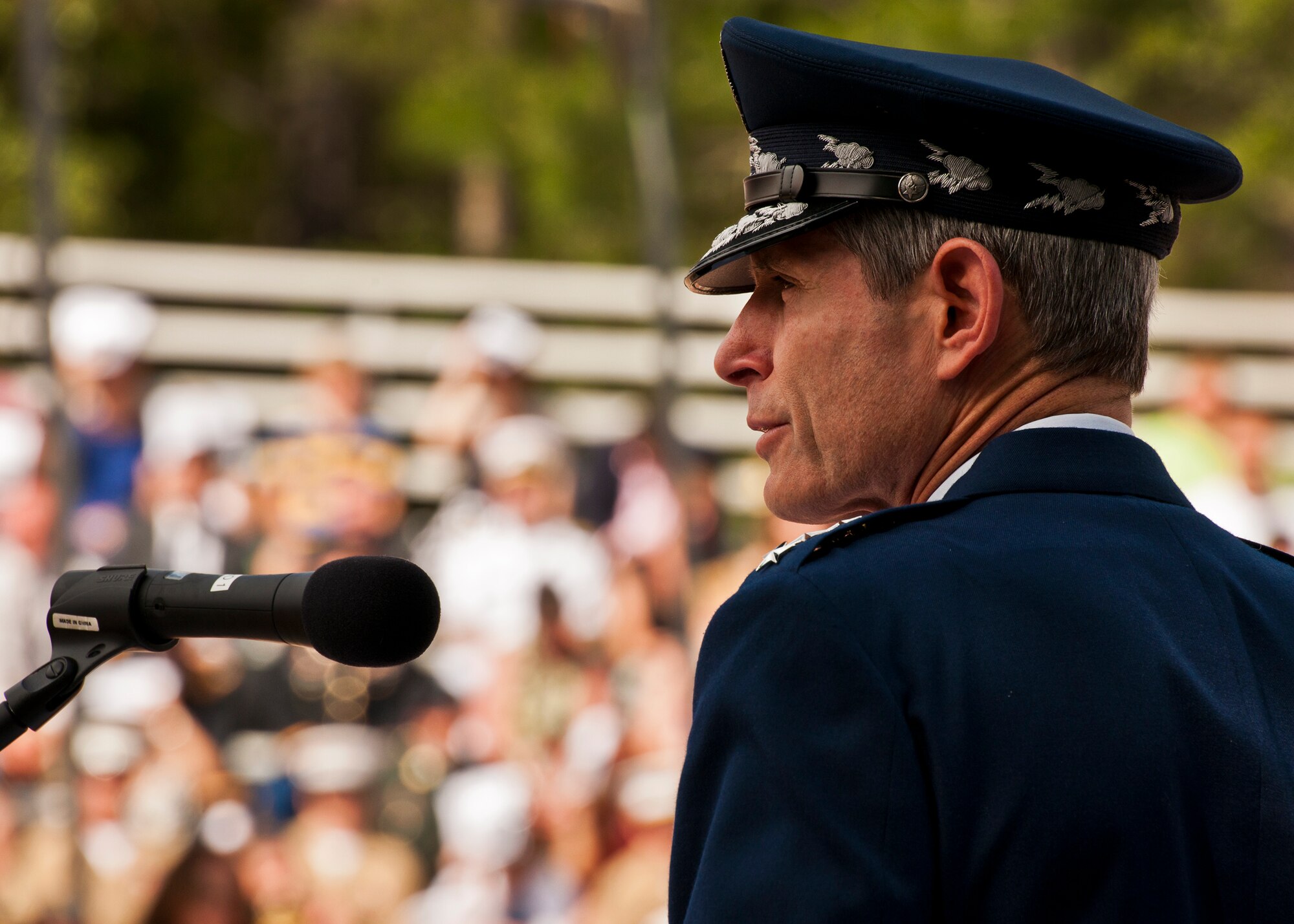 Air Force Chief of Staff Gen. Norton Schwartz speaks to a crowd of hundreds during the annual Explosive Ordnance Disposal Memorial Ceremony May 5, 2012, at Eglin Air Force Base, Fla. Schwartz was the guest speaker at the event that honored 18 EOD technicians, five of which were Airmen.  With the new names added, there are now 287 names inscribed on the memorial wall.  (U.S. Air Force photo/Samuel King Jr.)