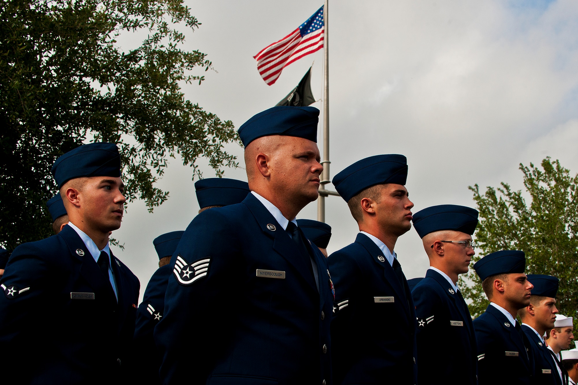 Explosive ordnance disposal student Airmen were part of the joint service formations assembled to honor the service members killed in 2011 at the 43rd Annual EOD Memorial Ceremony May 5, 2012, at Eglin Air Force Base, Fla.  Air Force Chief of Staff Gen. Norton Schwartz was the guest speaker for the event that honored 18 EOD technicians, five of which were Airmen.  With the new names added, there are now 287 names inscribed on the memorial wall.  (U.S. Air Force photo/Samuel King Jr.)
