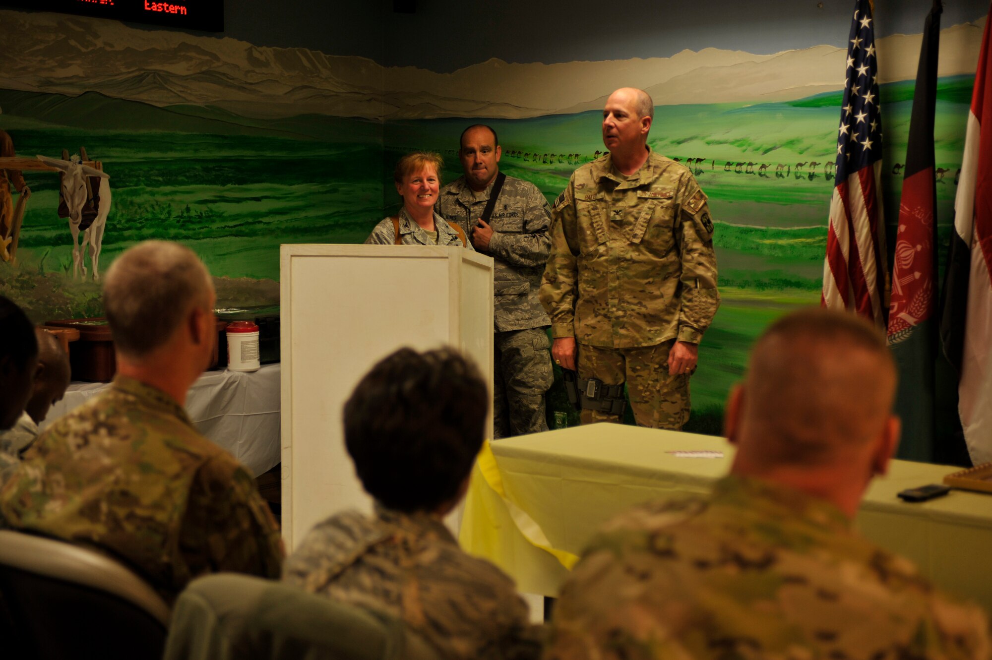Col. Jimmie Bailey II speaks to a group of his nurses and hospital staff during the kickoff of National Nurses Week at Craig Joint Theater Hospital May 6, 2012, Bagram Airfield, Afghanistan. Bailey is the Task Force Med-East commander and was one of the many speakers at the event. During the ceremony, nurses were encouraged by Bailey to keep up their incredible work. The rest of National Nurses Week will be commemorated with events such as a pancake breakfast, a movie night and a five- kilometer run. (U.S. Air Force photo/Airman 1st Class Ericka Engblom)