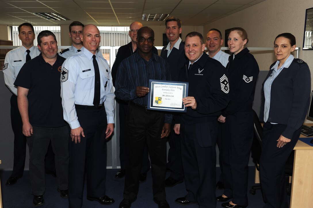 RAF ALCONBURY, United Kingdom - Selvin Cole, 501st Combat Support Wing, was named the May 501st Everyday Hero from the 501st CSW Staff. Cole was recognized by U.S. Air Forces in Europe for having the lowest travel voucher rejection in the command last March. (U.S. Air Force photo by Senior Airman Joel Mease)

